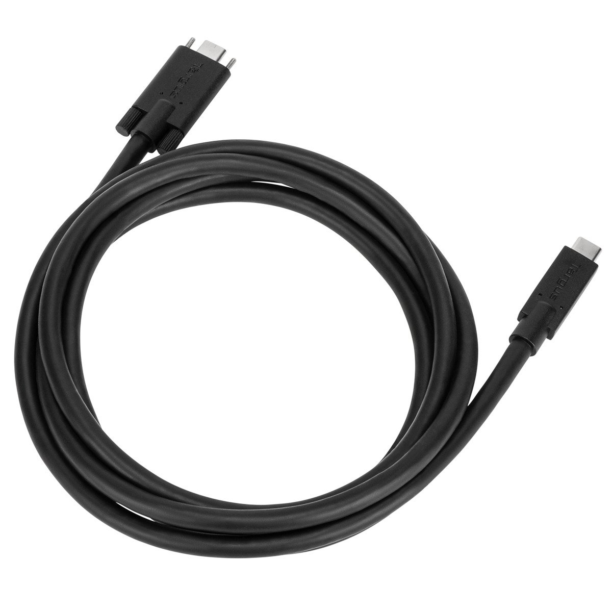 Cavo USB-C nero, ad anello su superficie bianca. Entrambe le estremità visibili.