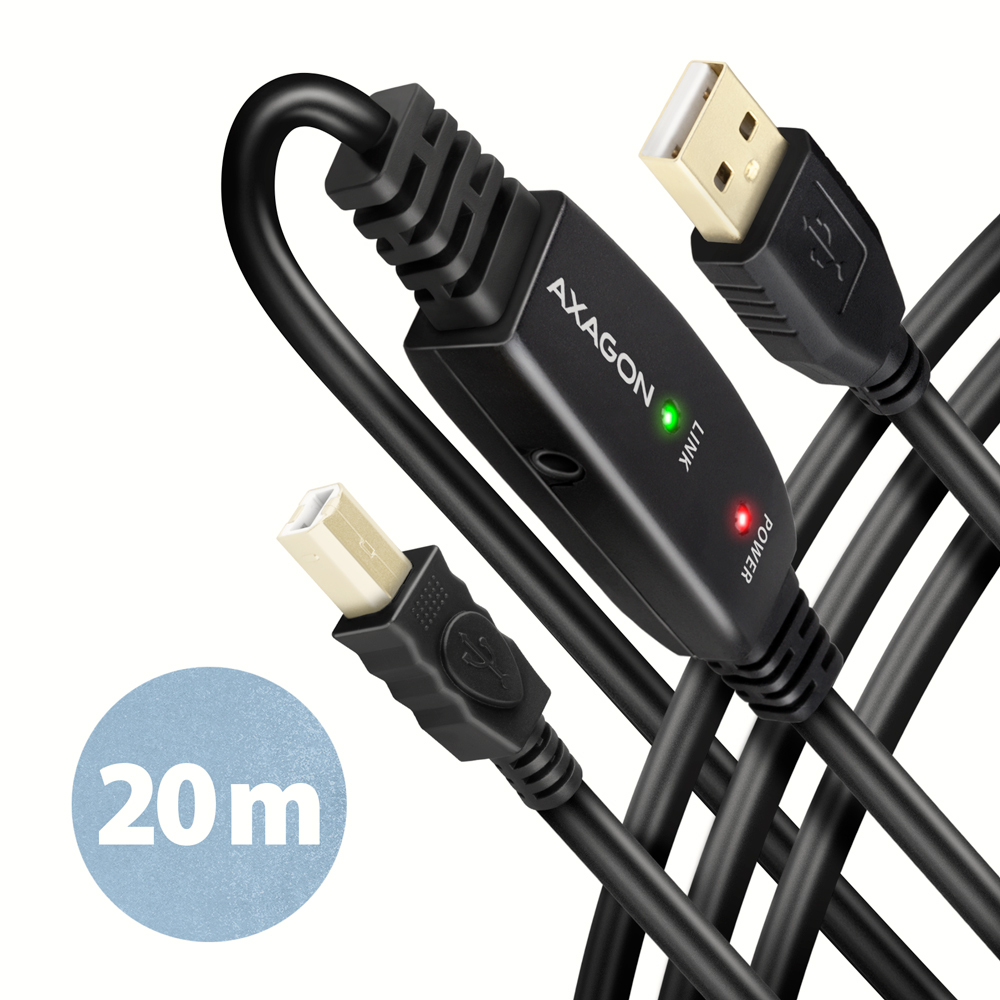 Cavo USB nero con connettori USB-A e USB-B e ripetitore di segnale in linea, con luci verdi/rosse.