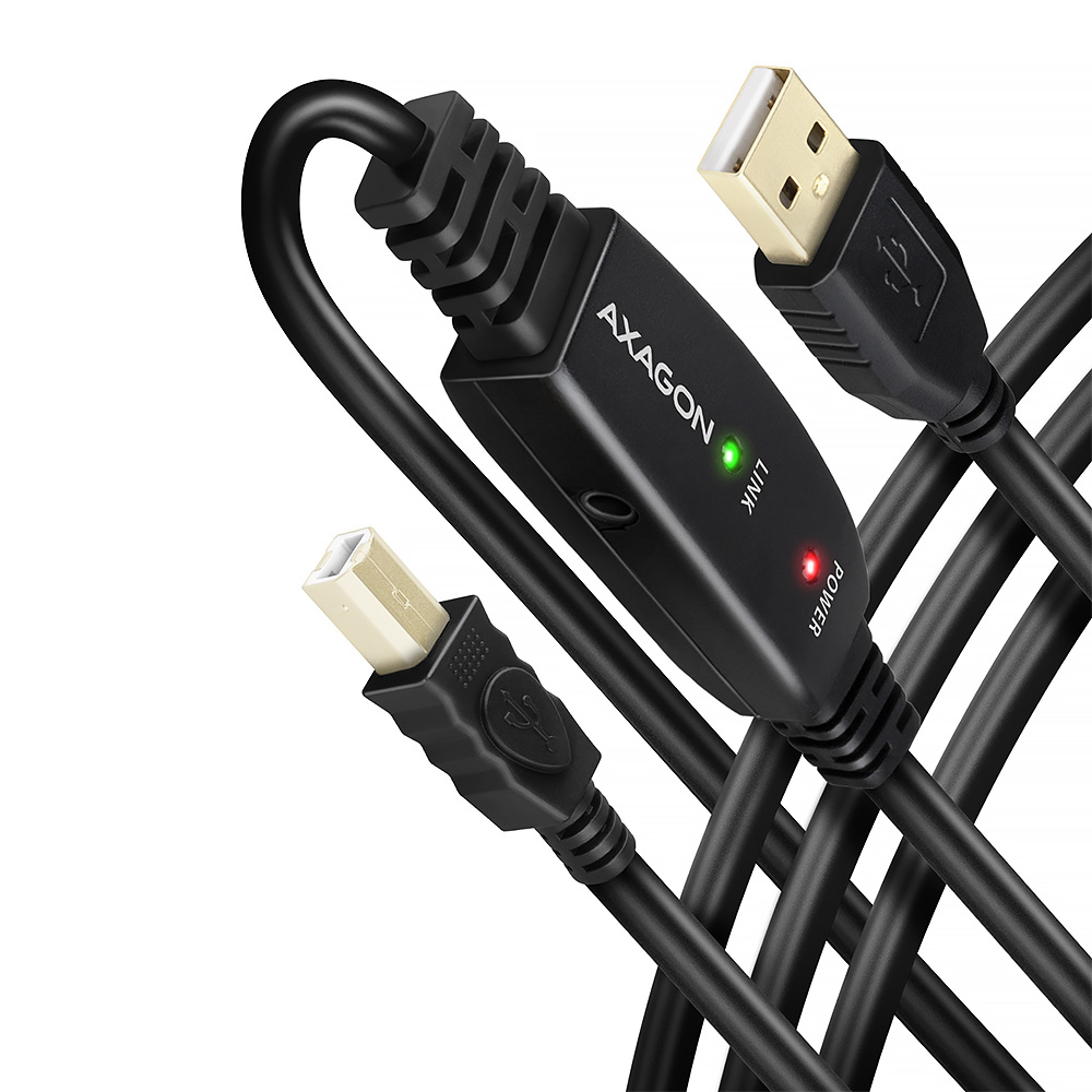 Cavo USB nero con tre connettori: USB-A, USB-B e un connettore alimentato con spie di collegamento/alimentazione.