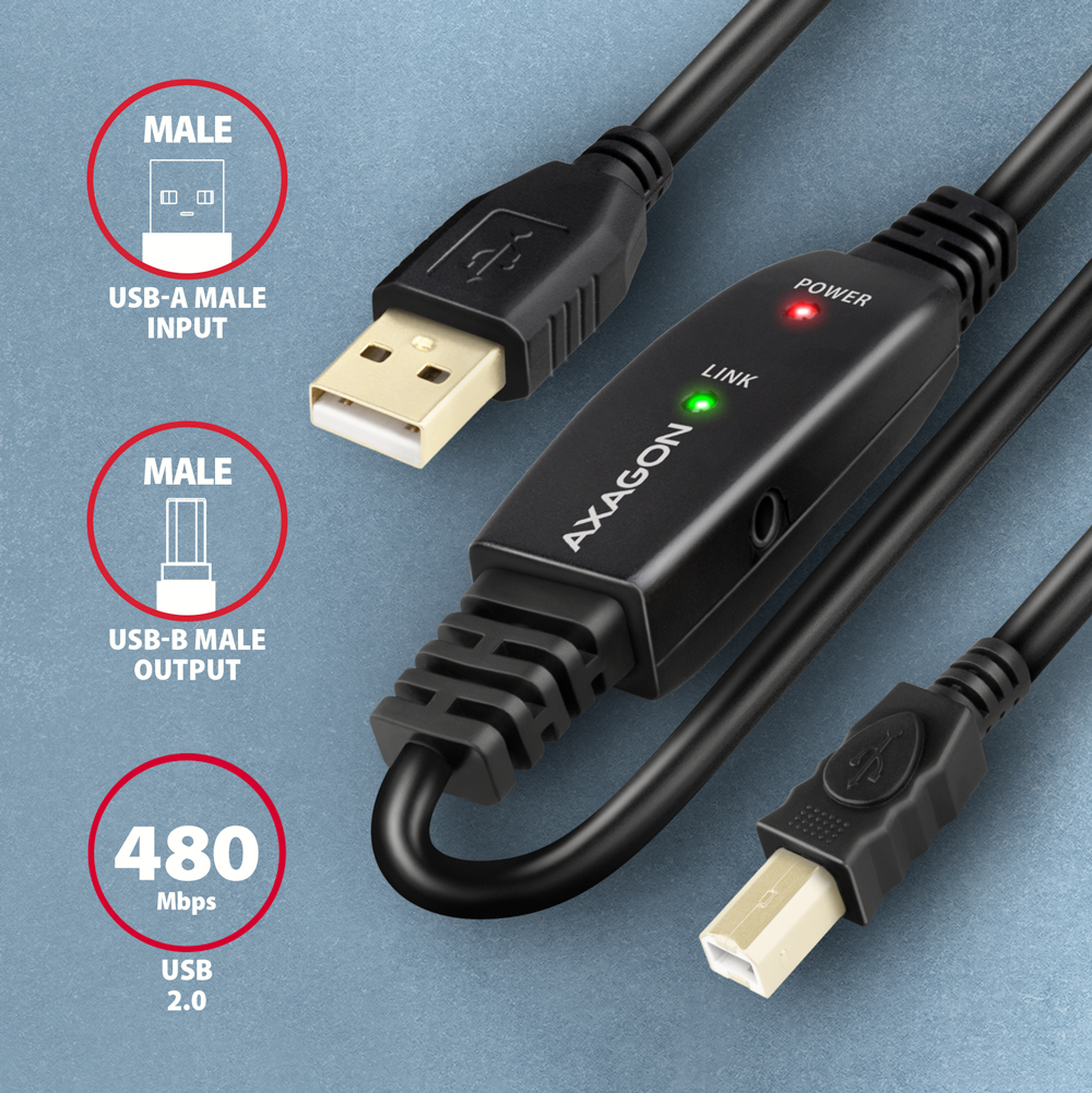 Immagine di un cavo USB nero con connettori maschio USB-A e USB-B e indicatore di collegamento/alimentazione.