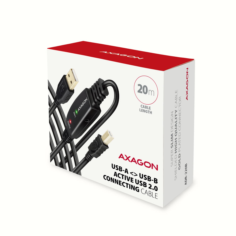 Scatola del prodotto con cavo USB e connettori. Mostra il marchio Axagon e le caratteristiche del cavo.