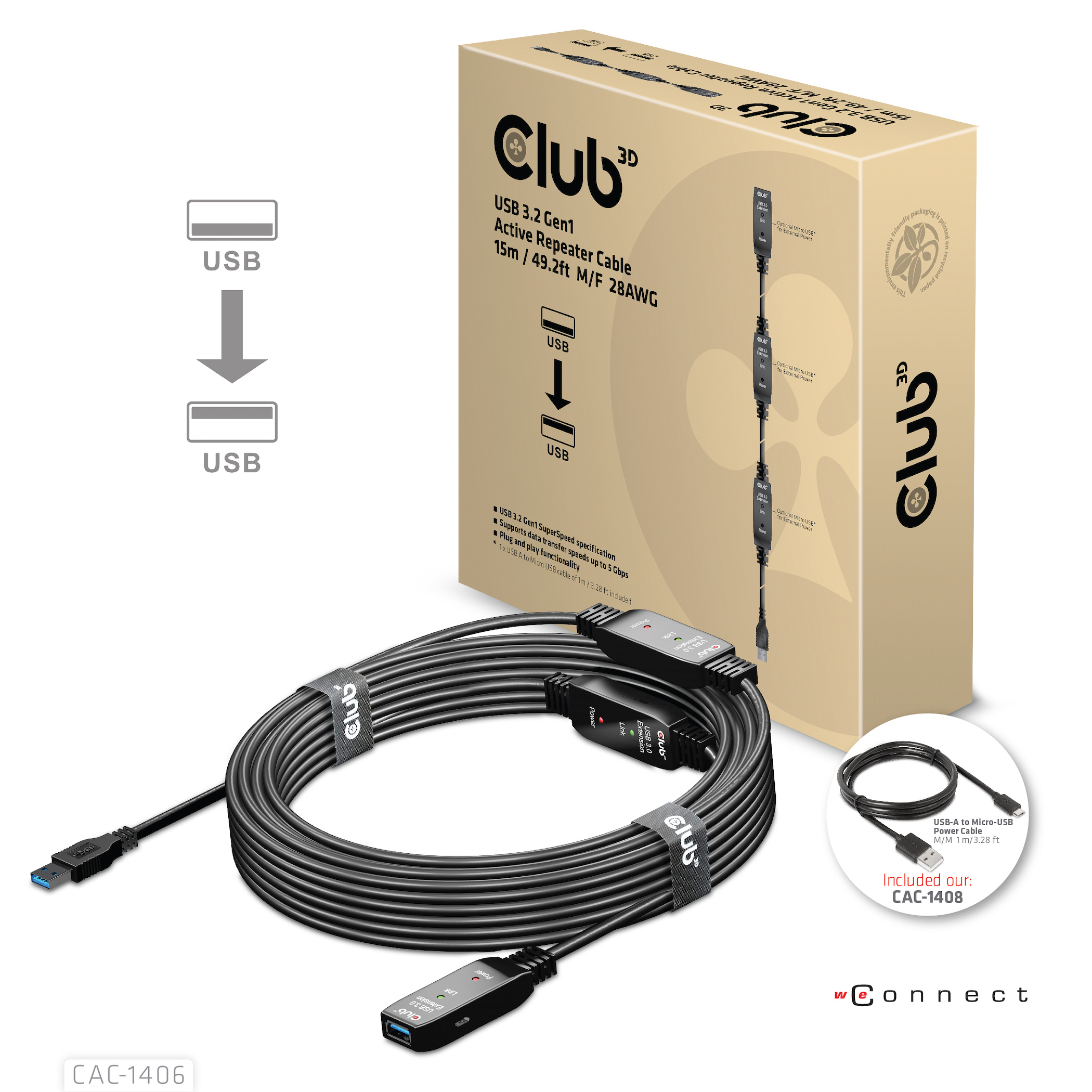 Cavo USB nero con una scatola. La scatola ha porte USB e il logo Club 3D.