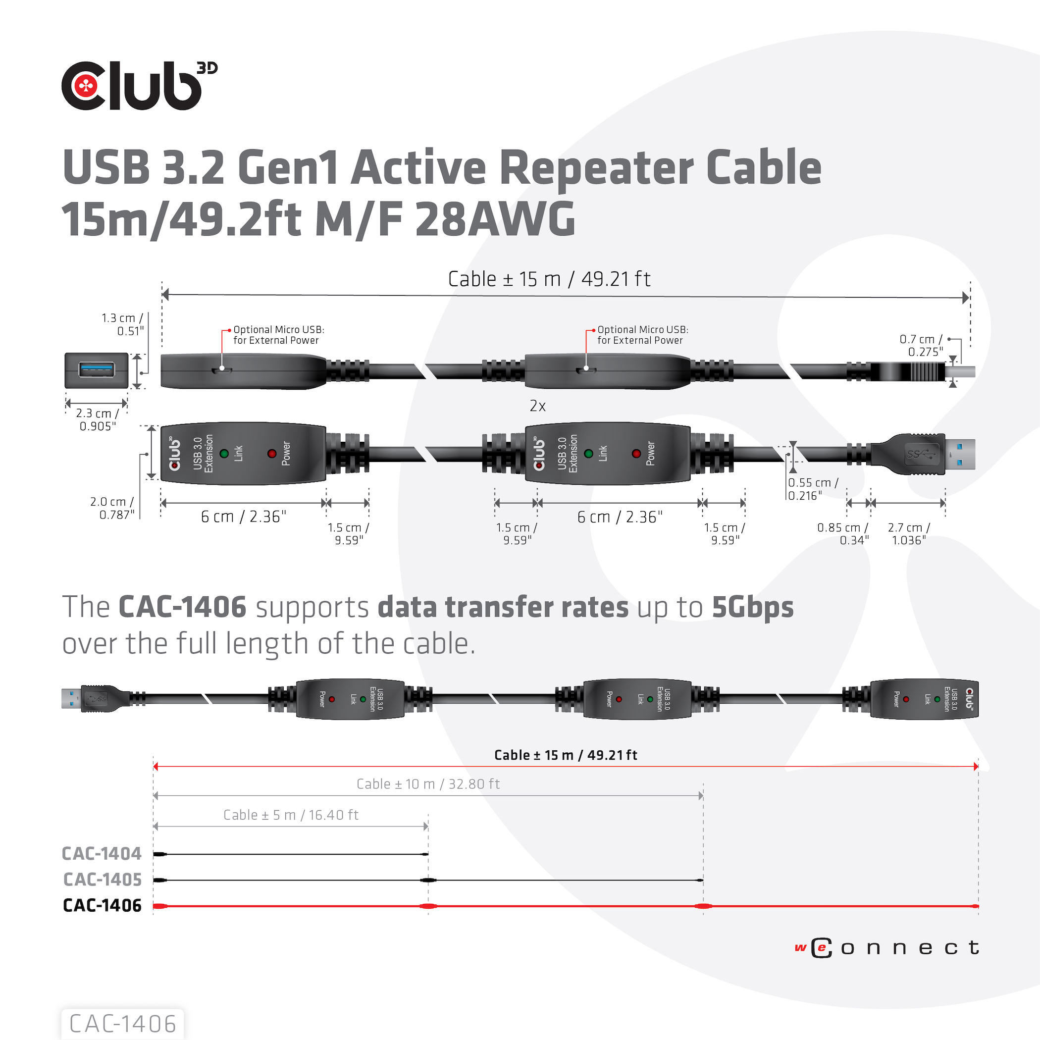 Schema cavo USB con misure. Con logo Club 3D e dettagli tecnici.