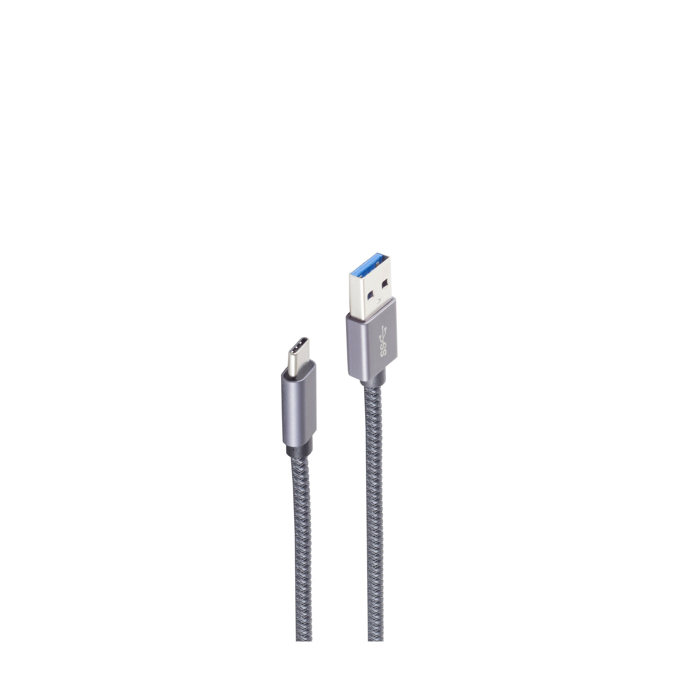 Un cavo USB-C a USB-A grigio con design intrecciato, su sfondo bianco.
