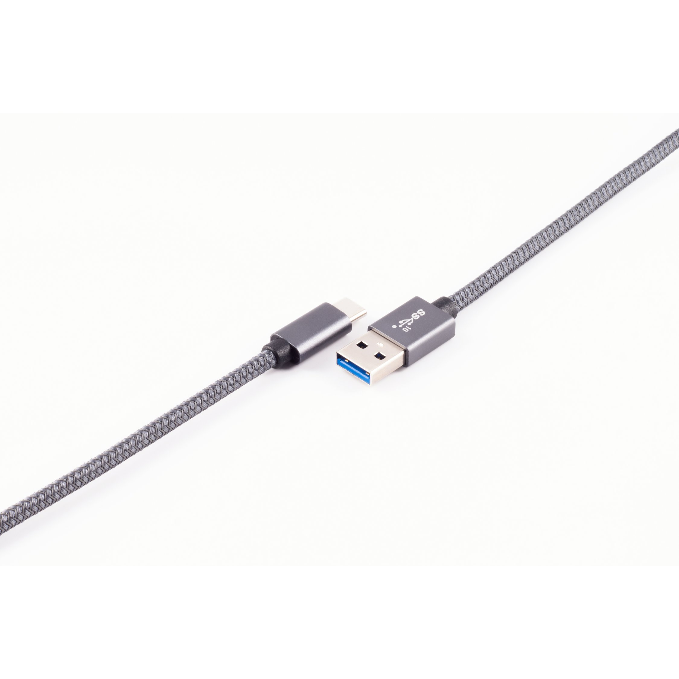Un cavo USB intrecciato grigio con connettori USB-C e USB-A, su sfondo bianco.