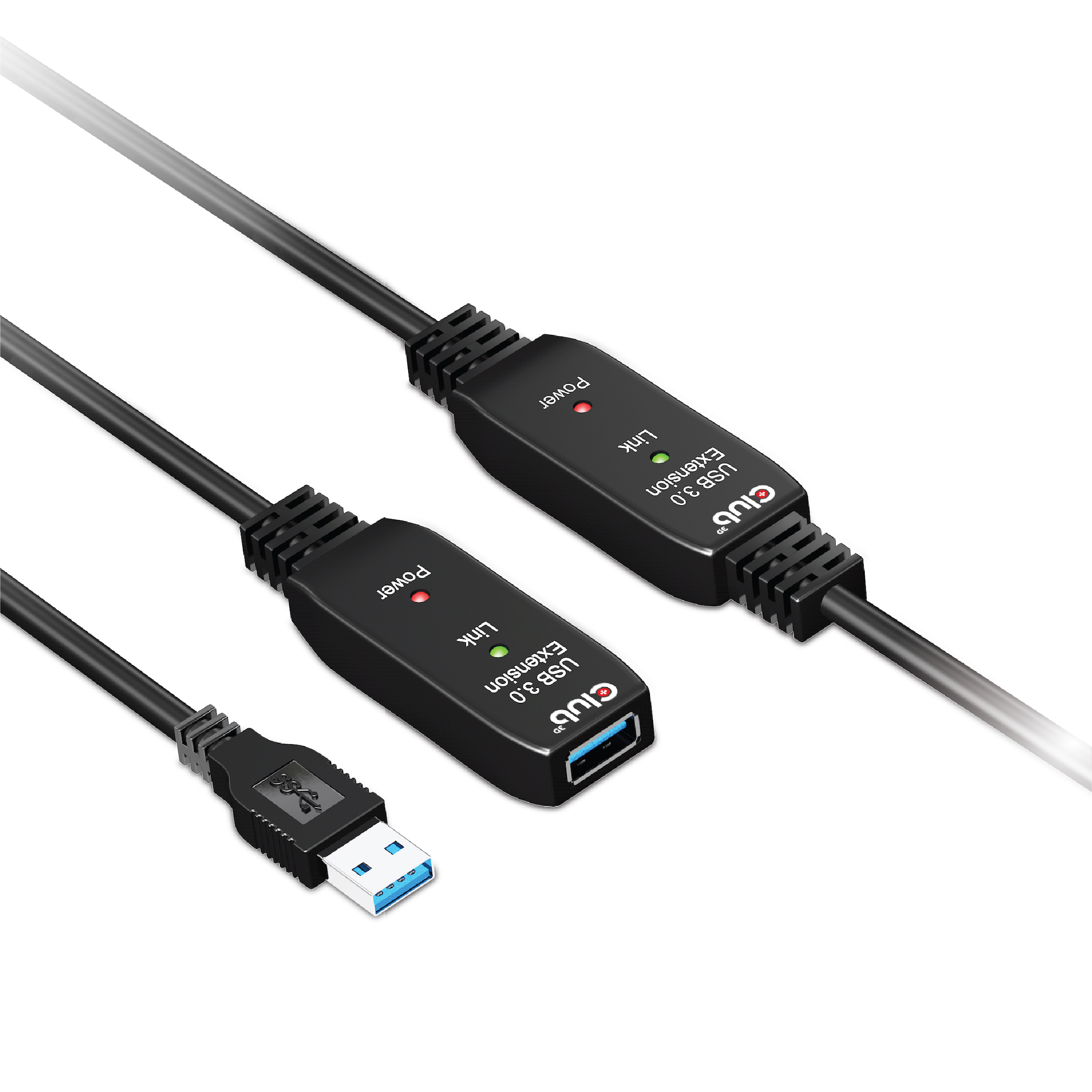 Due cavi di prolunga USB 3.0 neri con connettori USB-A e unità di prolunga con indicatori di collegamento/alimentazione.