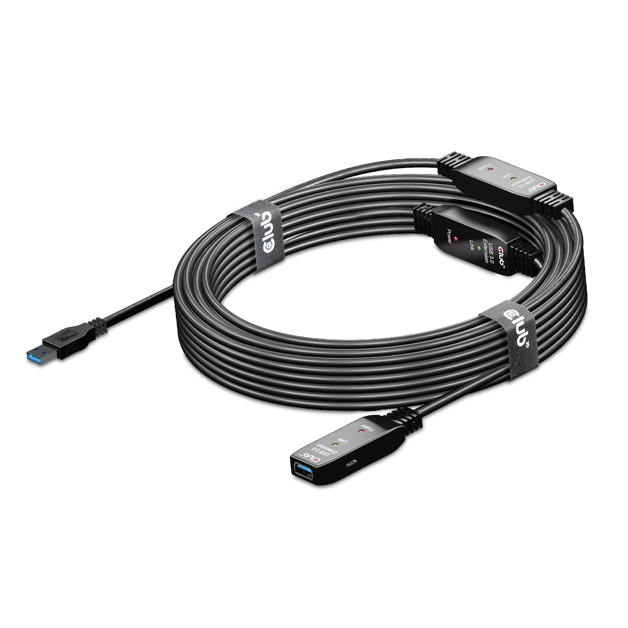 Cavi USB neri, arrotolati, con unità di alimentazione integrate, su una superficie bianca.