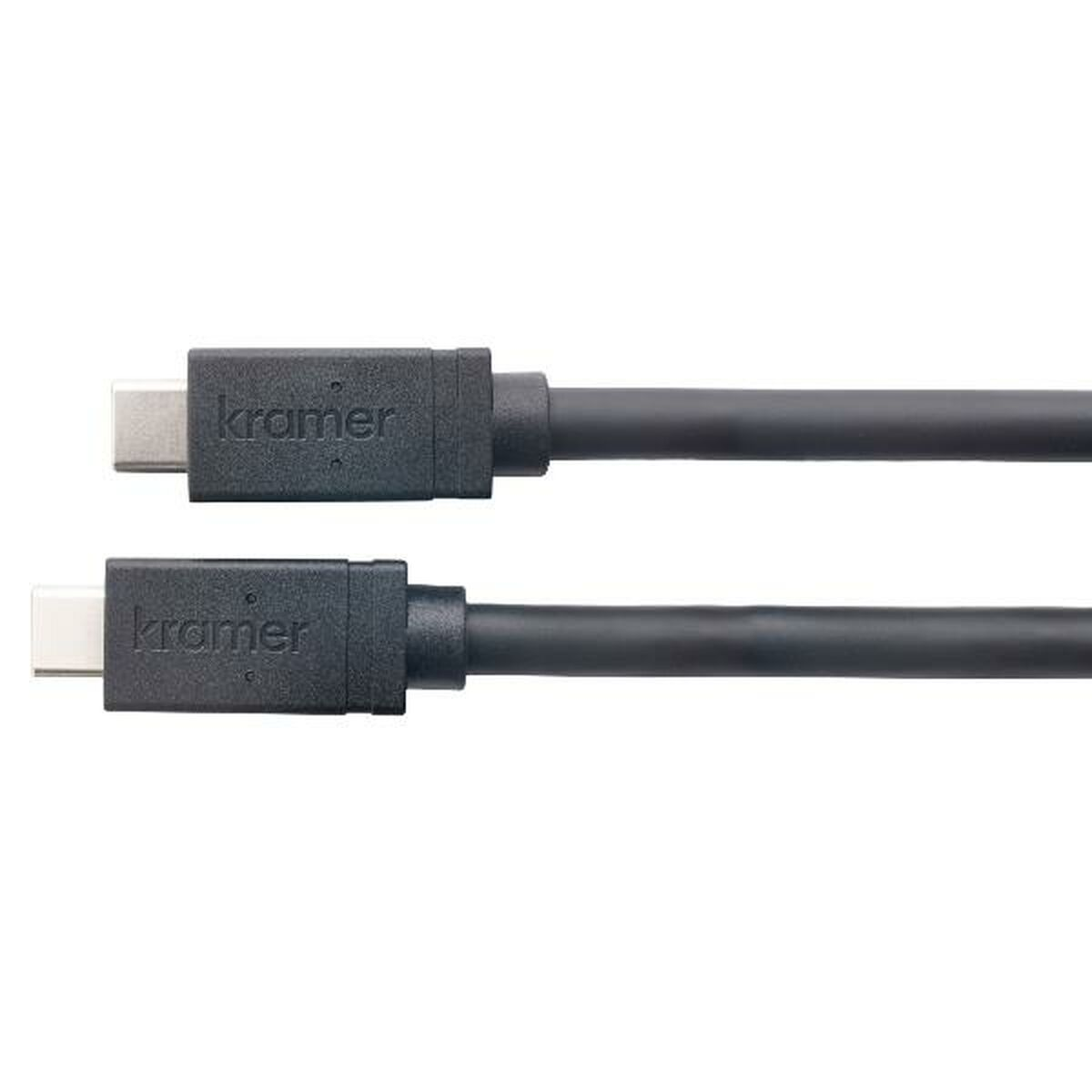 Due cavi USB-C neri con connettori, su sfondo bianco.