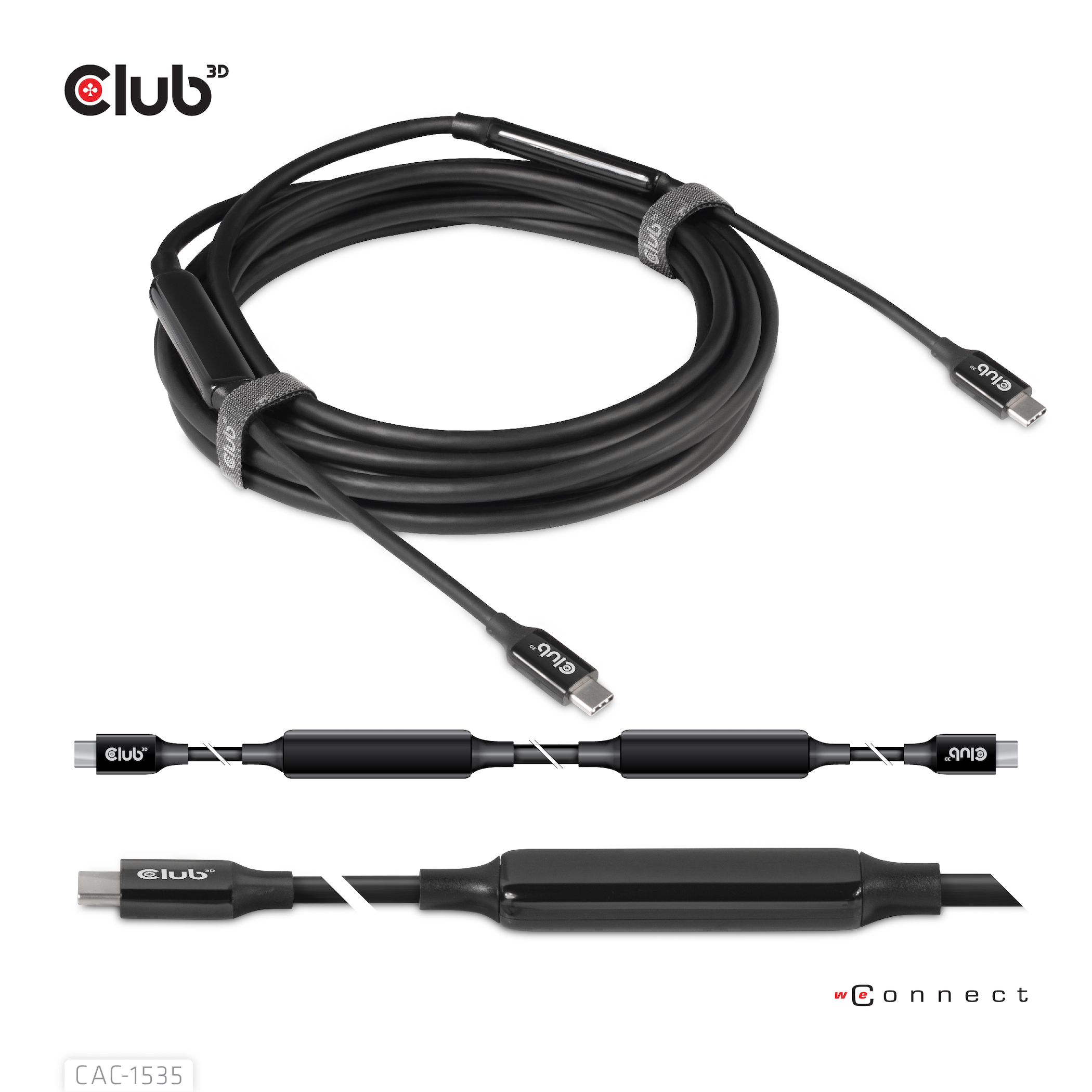 Zwarte USB-kabels met branding, verschillende weergaven, op een witte achtergrond. Kabels bevatten USB-C.