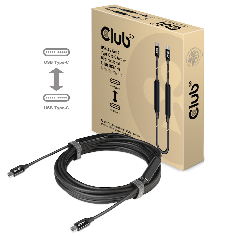 Zwarte USB Type-C kabel met een doos. Mannelijke USB Type-C connectoren aan beide uiteinden. Witte achtergrond.