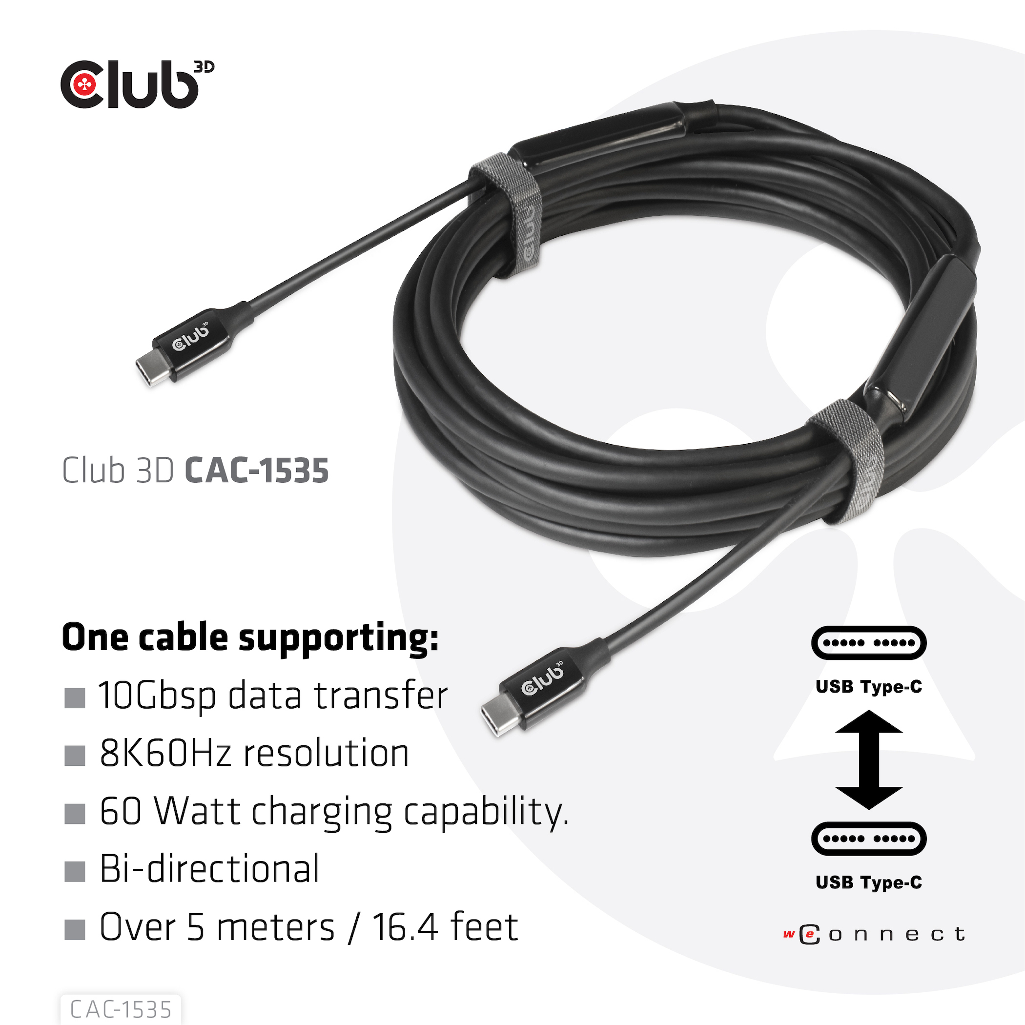 Zwarte USB-C-kabel, opgerold, met tekst die 10 Gbps gegevensoverdracht, 8K60Hz resolutie en 60W opladen beschrijft.