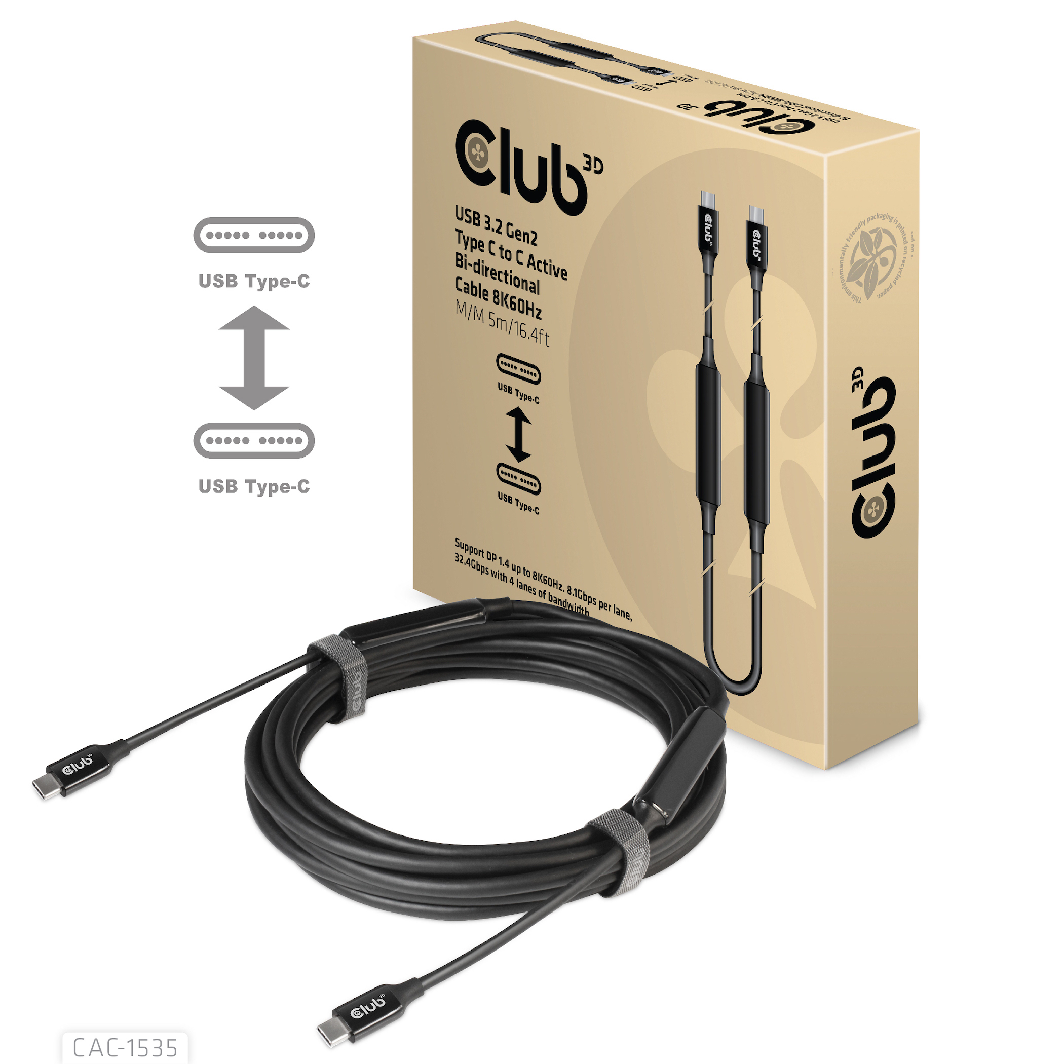 Een zwarte USB 3.2 Gen2 Type-C naar Type-C kabel met verpakking en diagrammen.