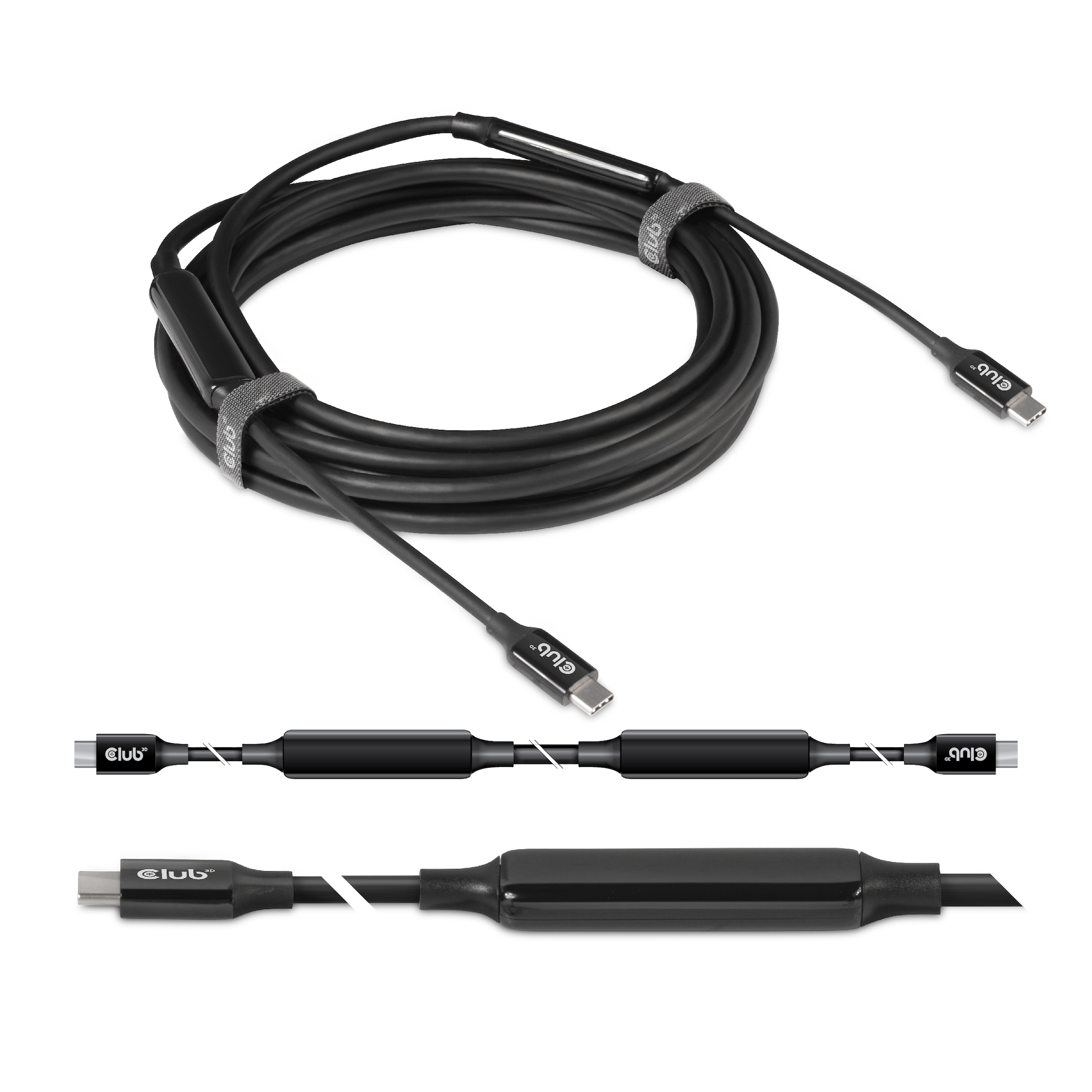 Zwarte USB-C-kabel met het Club-logo. De kabel is opgerold. Er zijn verschillende kabelsecties te zien.