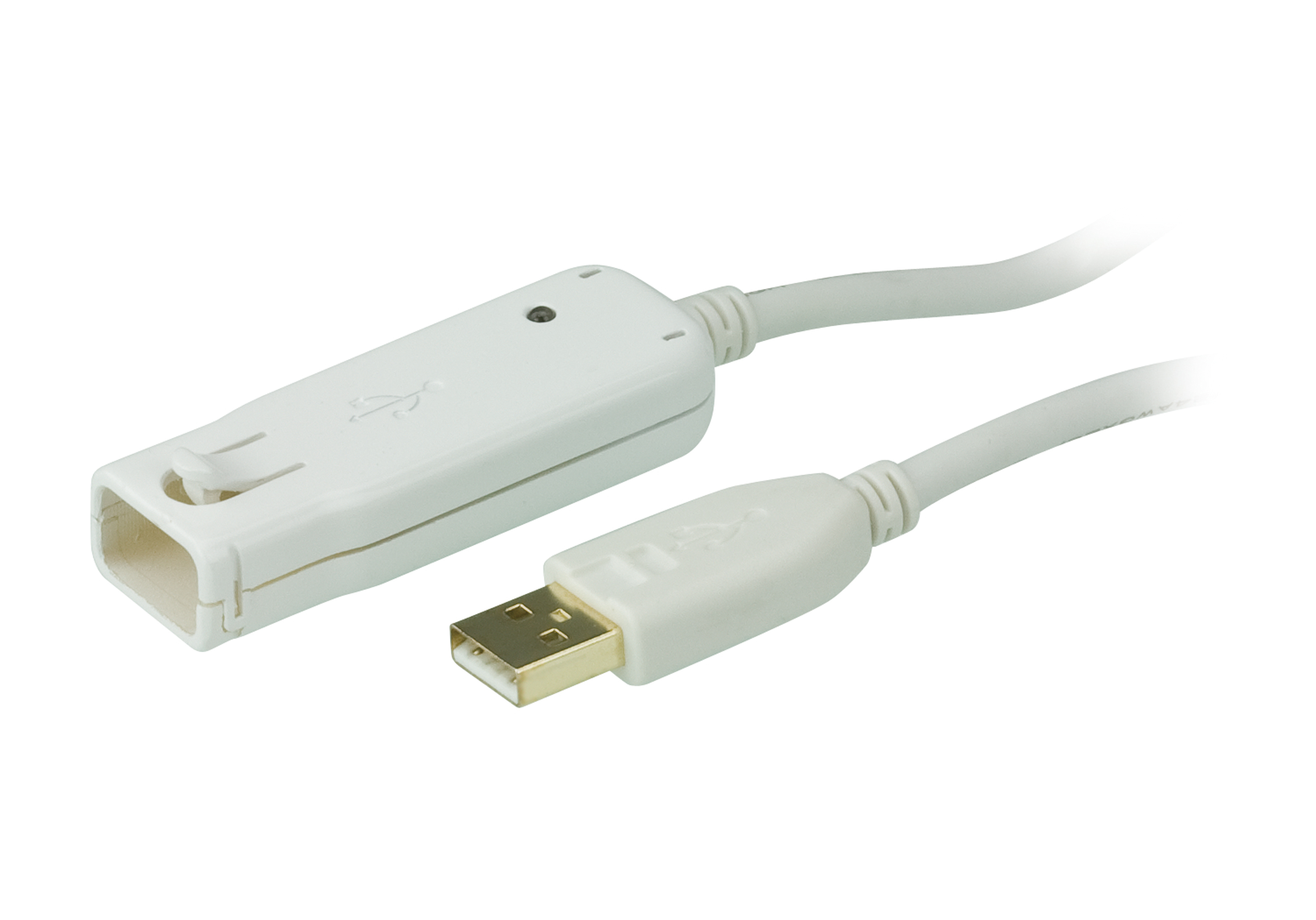 Cavo USB bianco con connettori USB, isolato su sfondo bianco.