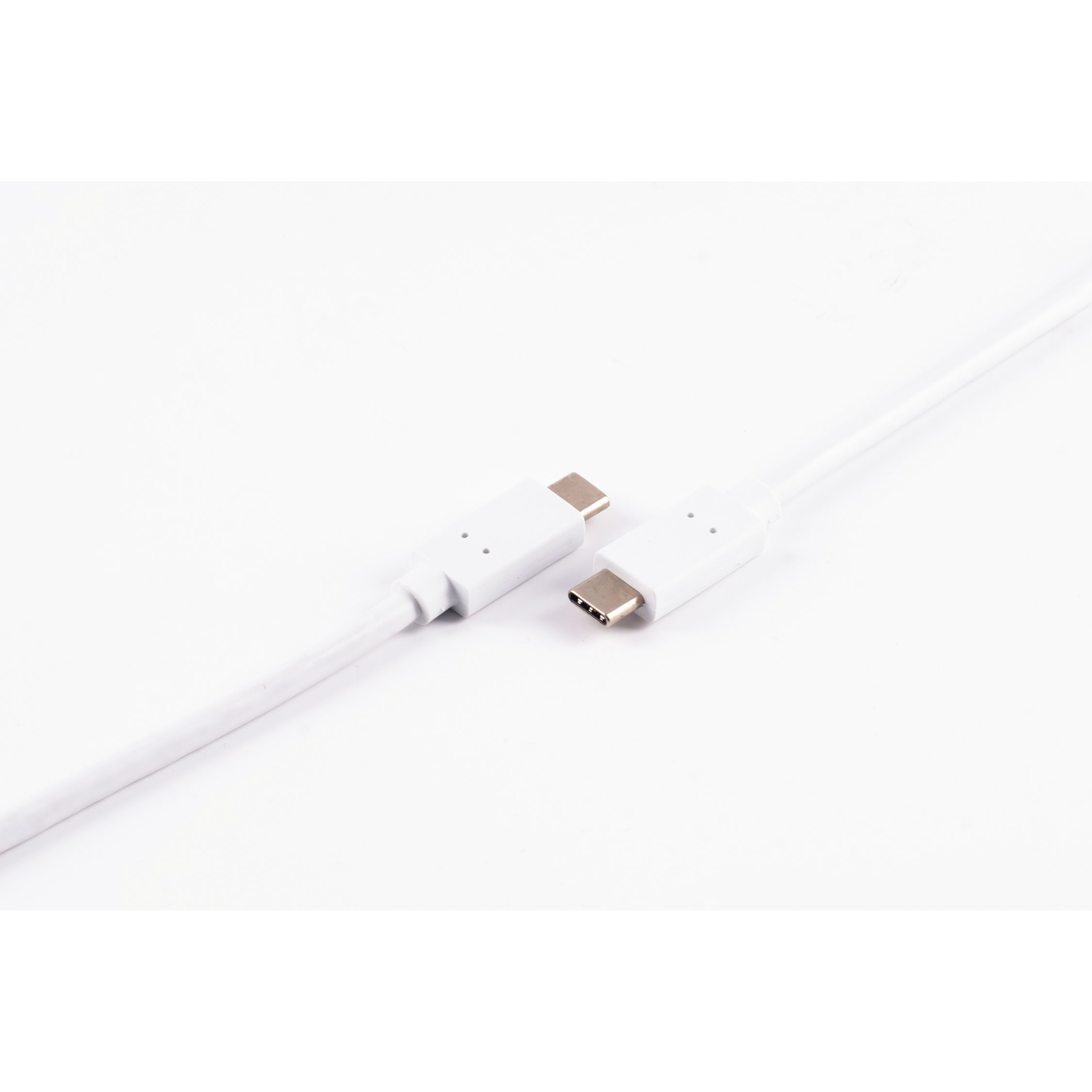 Cavo USB-C bianco con due connettori. Sfondo bianco. Prospettiva dritta.
