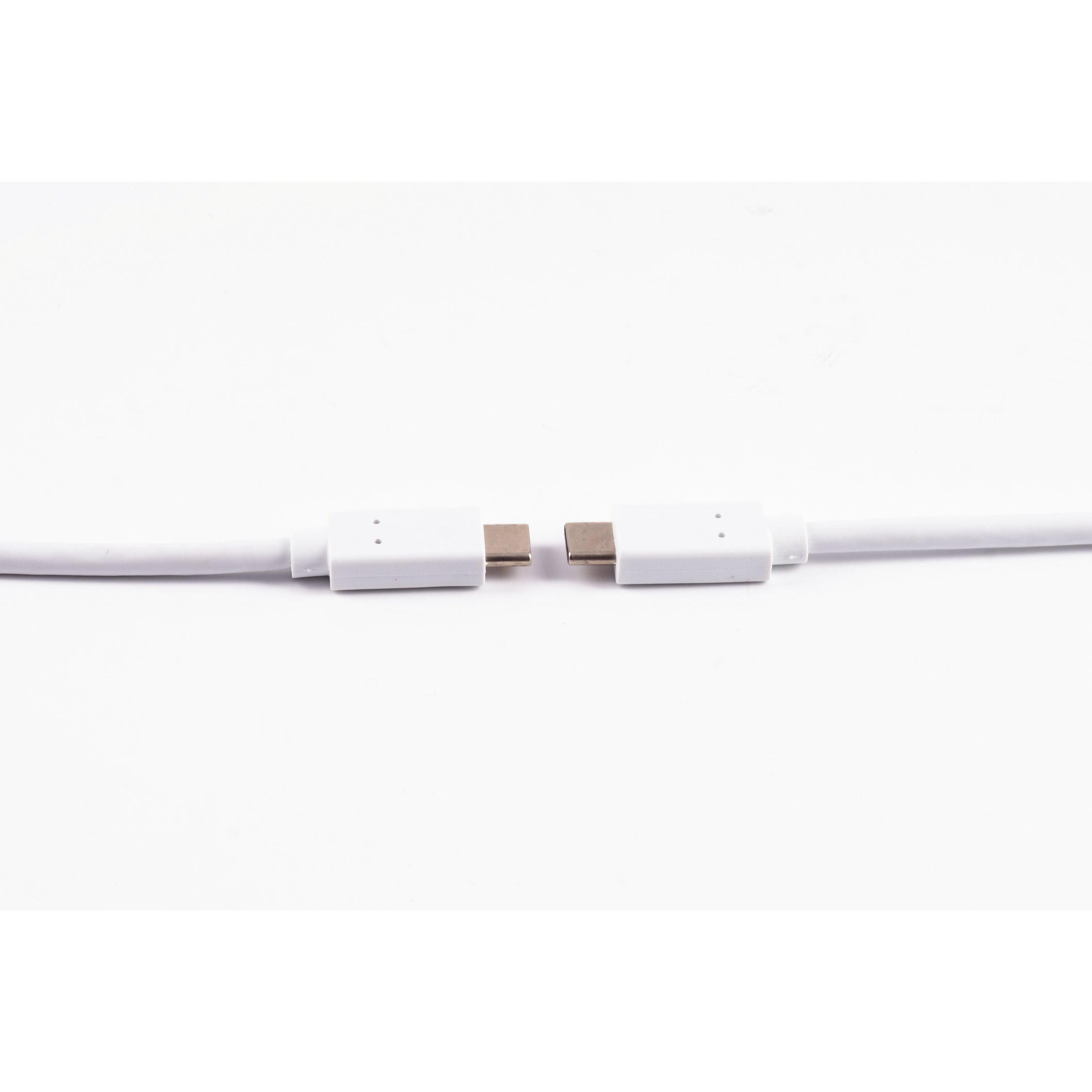 Cavo USB-C bianco con connettori, isolato su sfondo bianco.