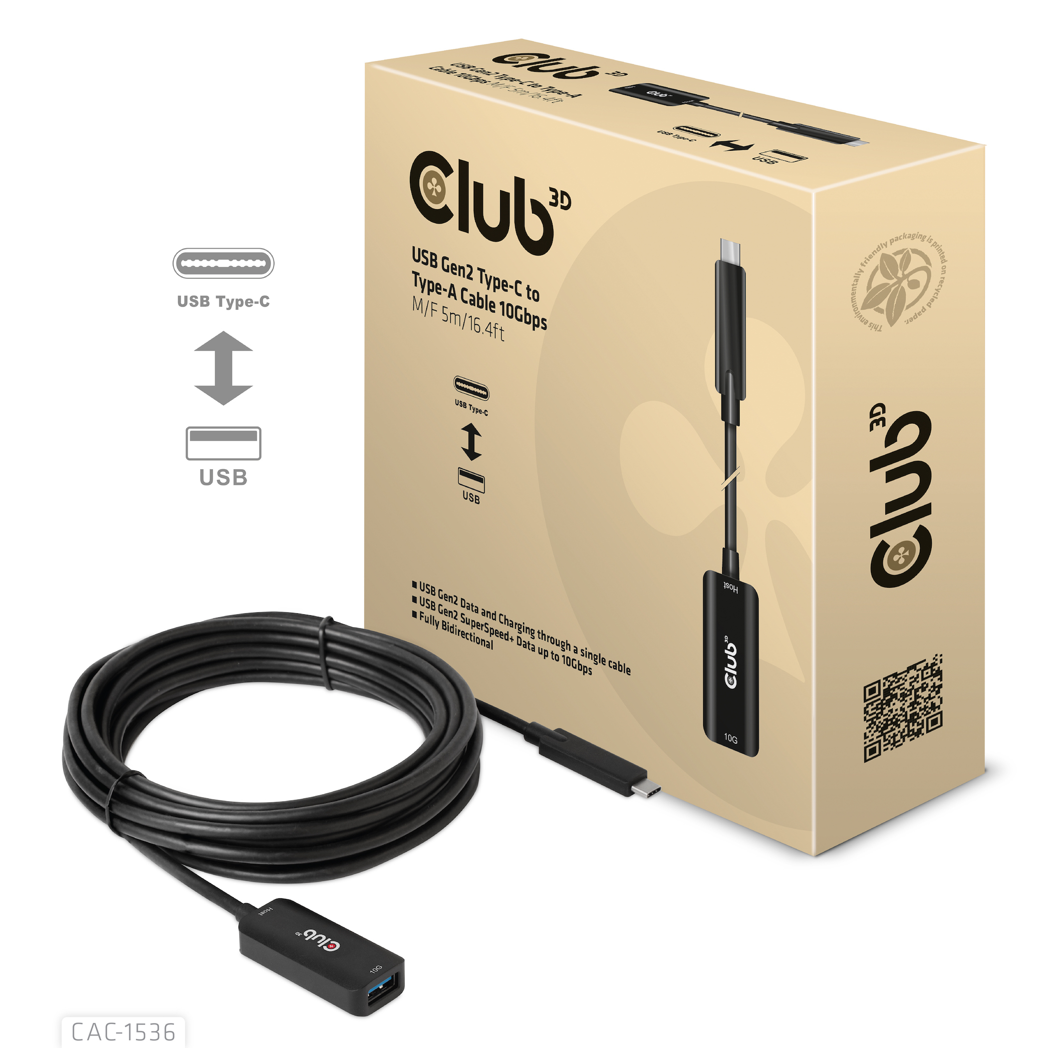 Boxed black USB Gen2 Type-C to Type-A cable with USB and Type-C connectors, with product info.