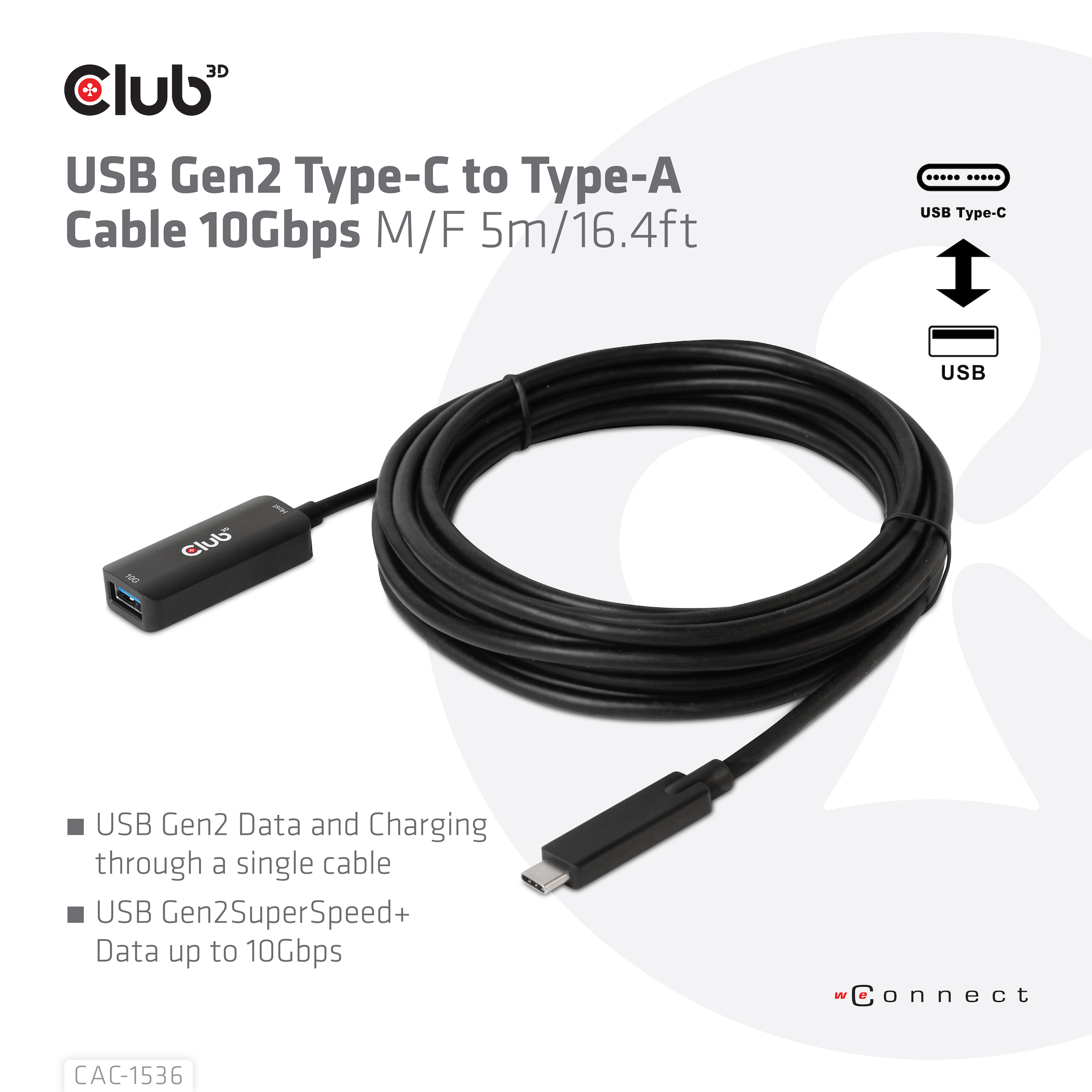 Black USB Gen2 Type-C to Type-A cable, with USB-C and USB-A connectors, and text details.