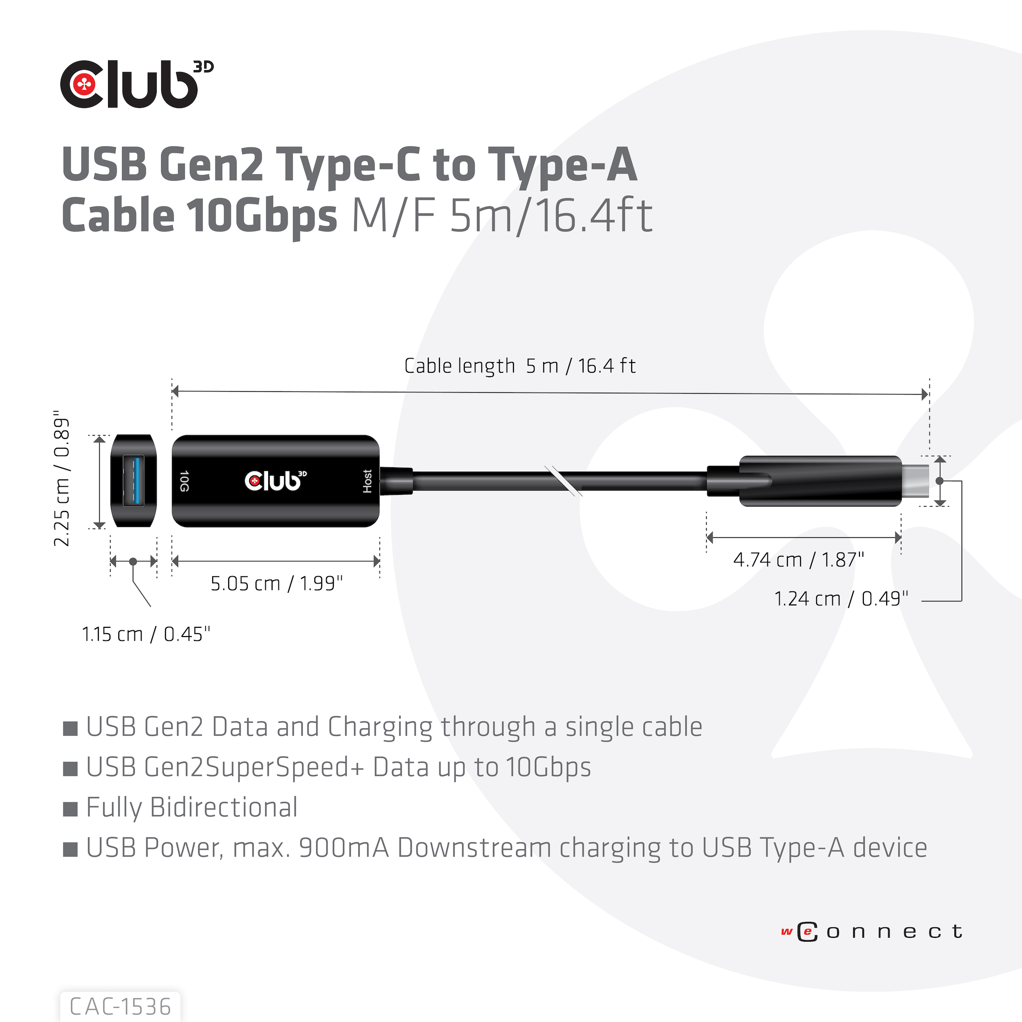 Black USB cable with measurements and details. Shows USB Gen2 Type-C to Type-A cable with connectors and sizes.