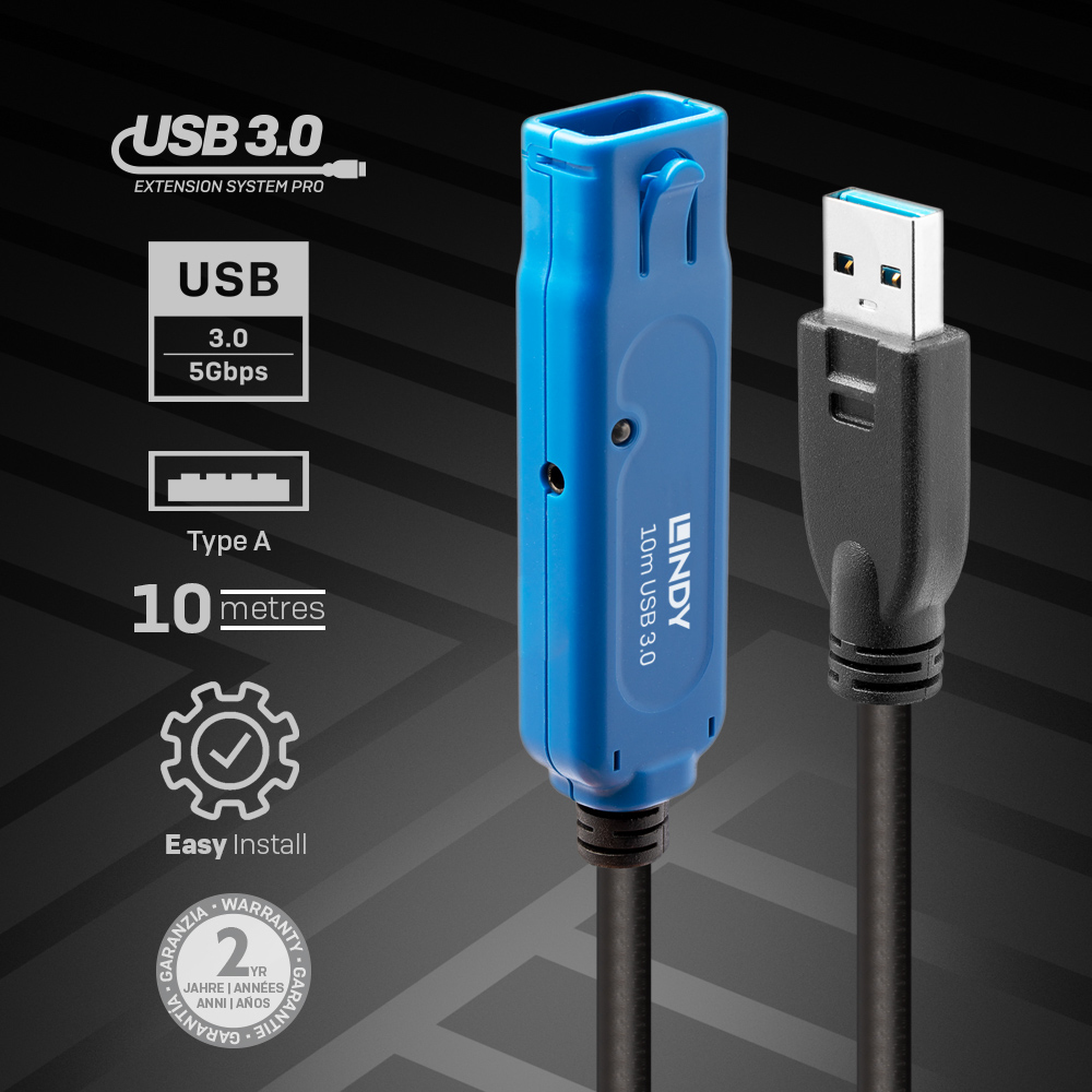 Câble d'extension Lindy USB 3.0 bleu et noir avec connecteurs USB-A. Icônes et texte à gauche.