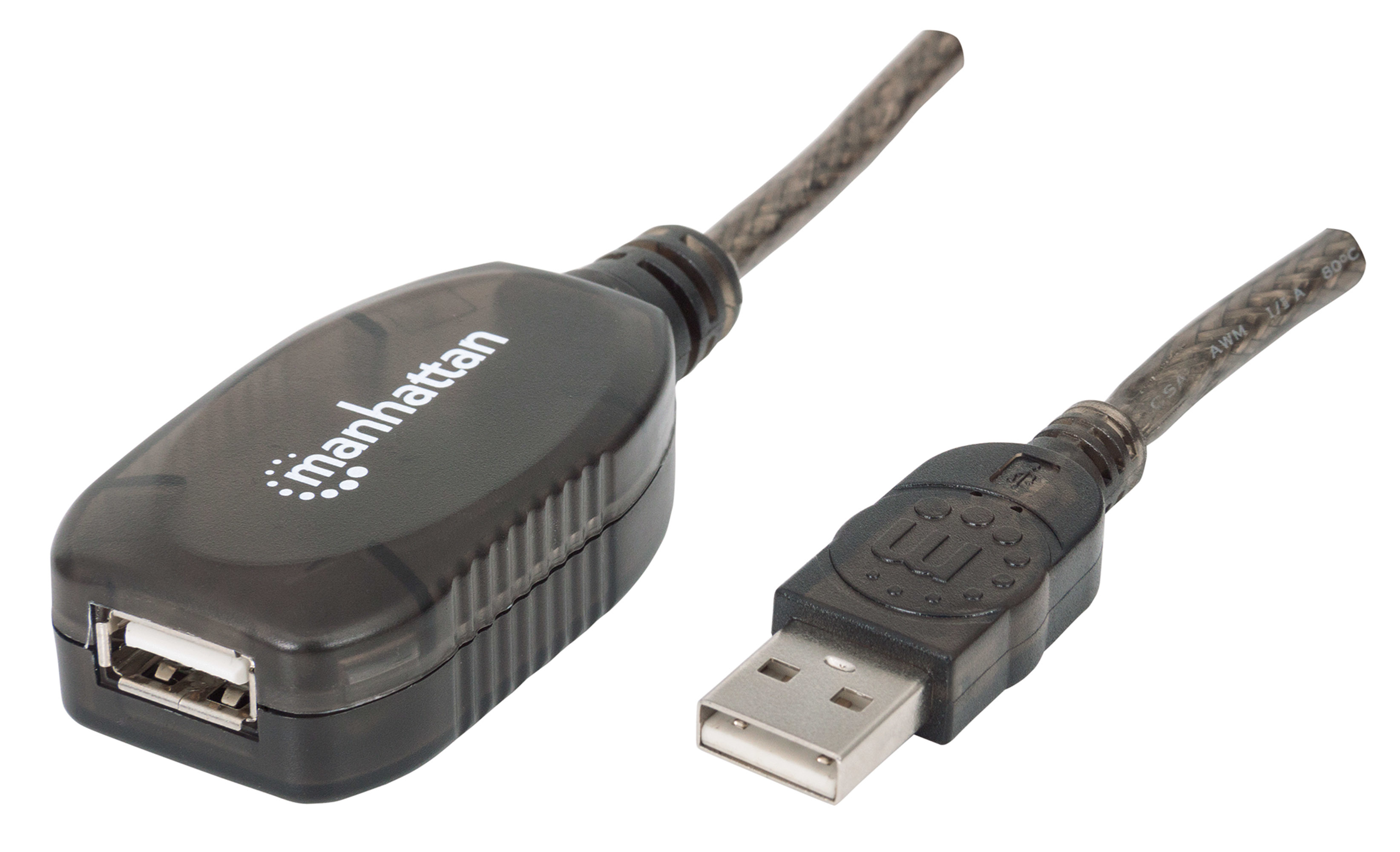 Cavo di prolunga USB Manhattan, grigio scuro, con connettore USB standard e porta USB.
