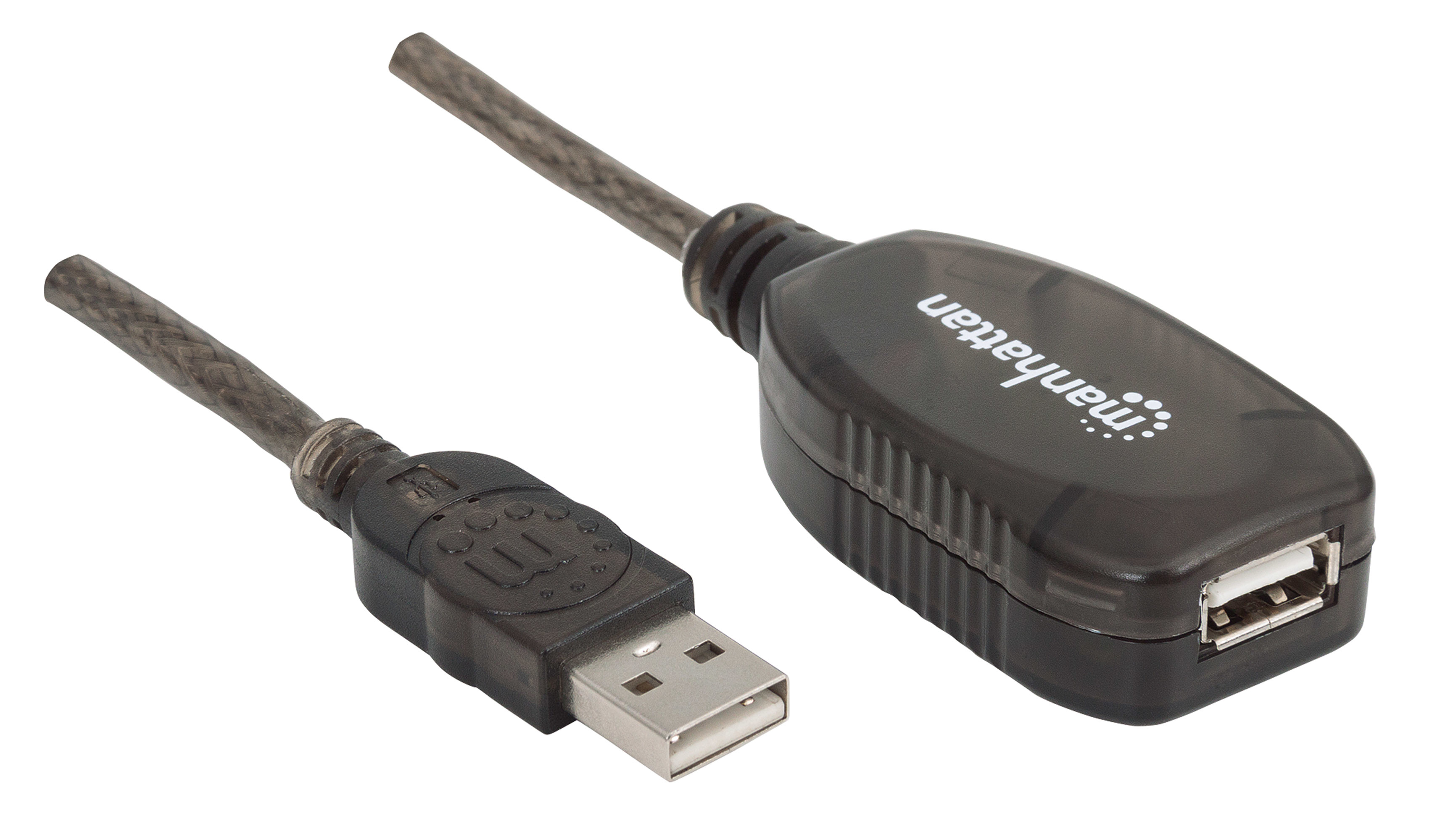 Cavo di prolunga USB nero con connettori USB-A maschio e femmina, su sfondo bianco.