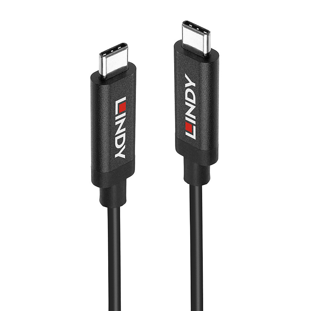 Twee zwarte USB-C kabels met LINDY-branding. Connectoren bovenaan.
