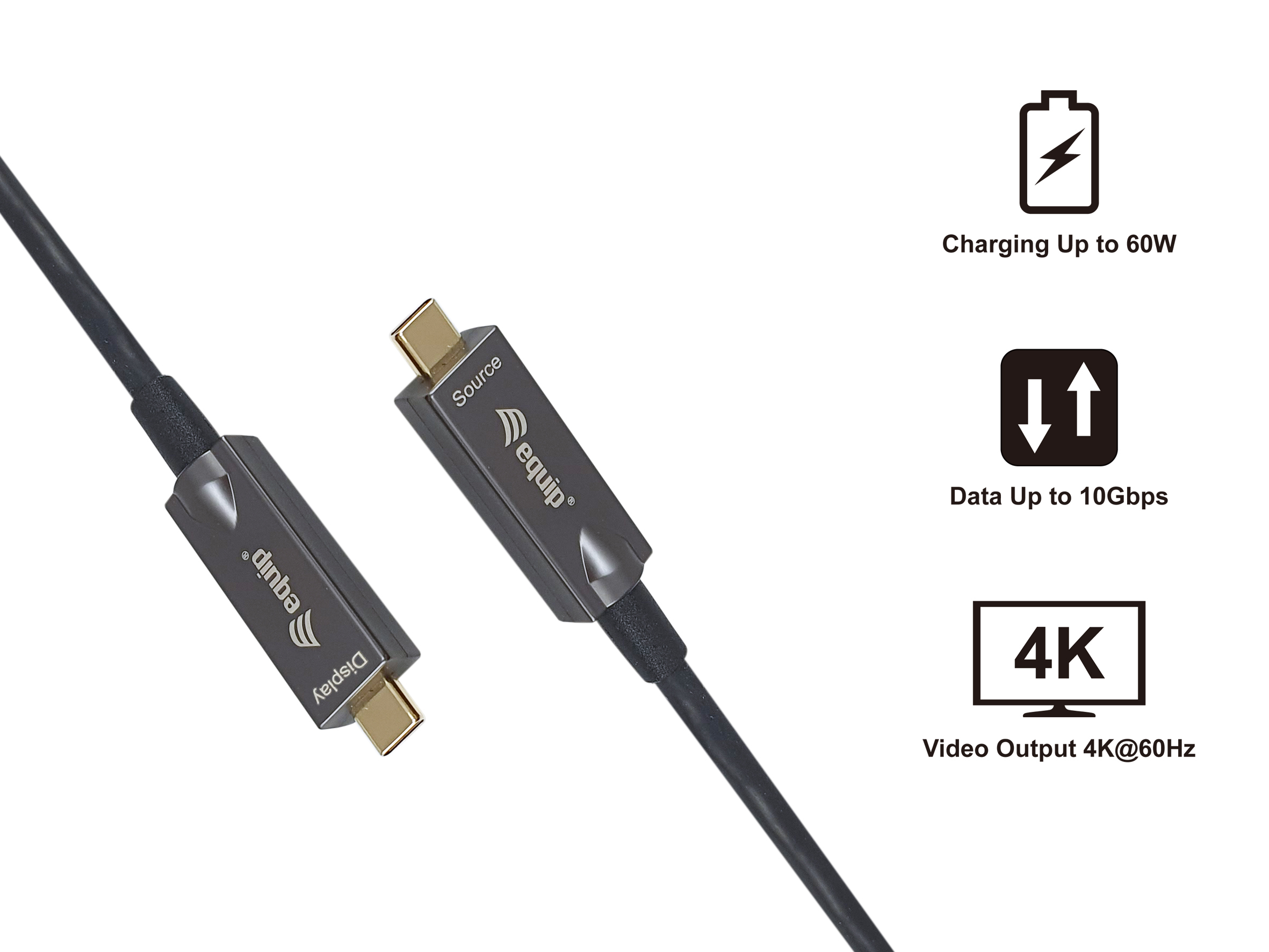 Cavo nero del marchio Equip con connettori Display e Source con dettagli di ricarica, dati e uscita video.