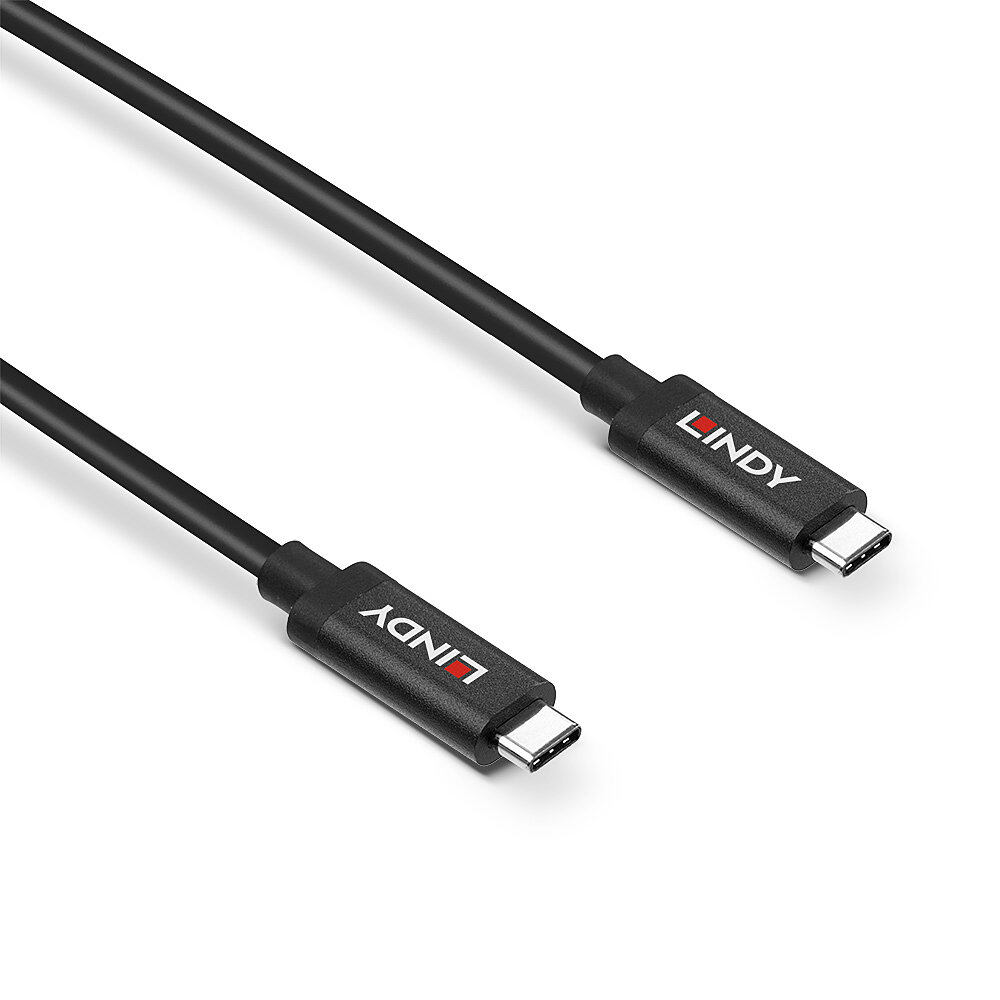 Zwarte Lindy USB-C-kabel met Lindy-logo's op de connectoren. Witte achtergrond.