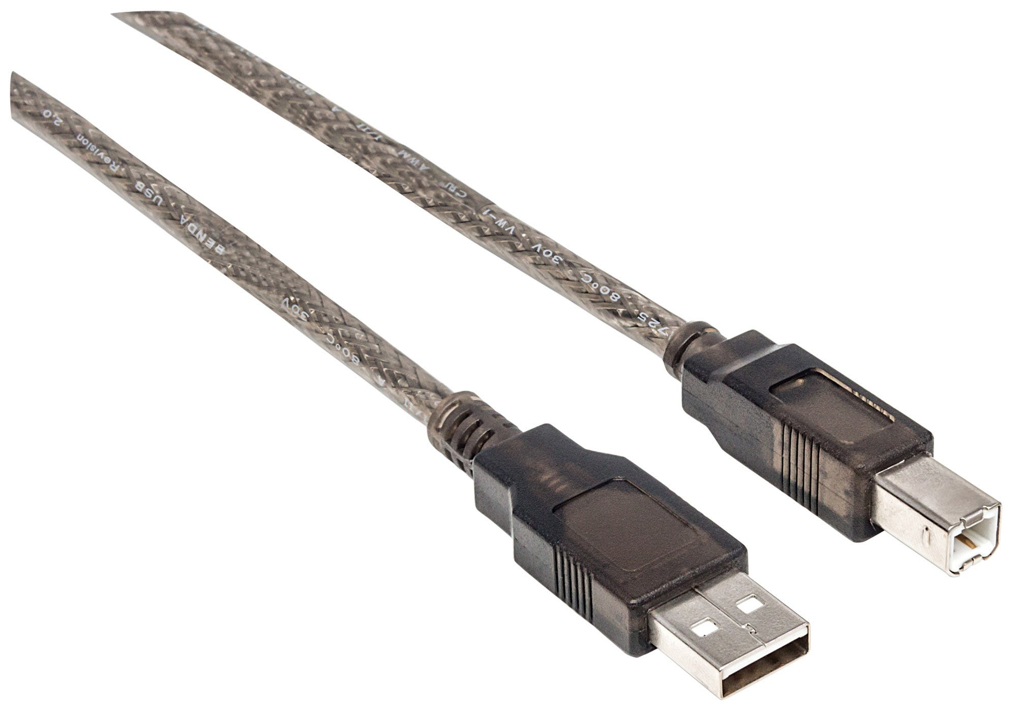 Cavo USB grigio con connettori ad ogni estremità. Il cavo è steso su sfondo bianco.