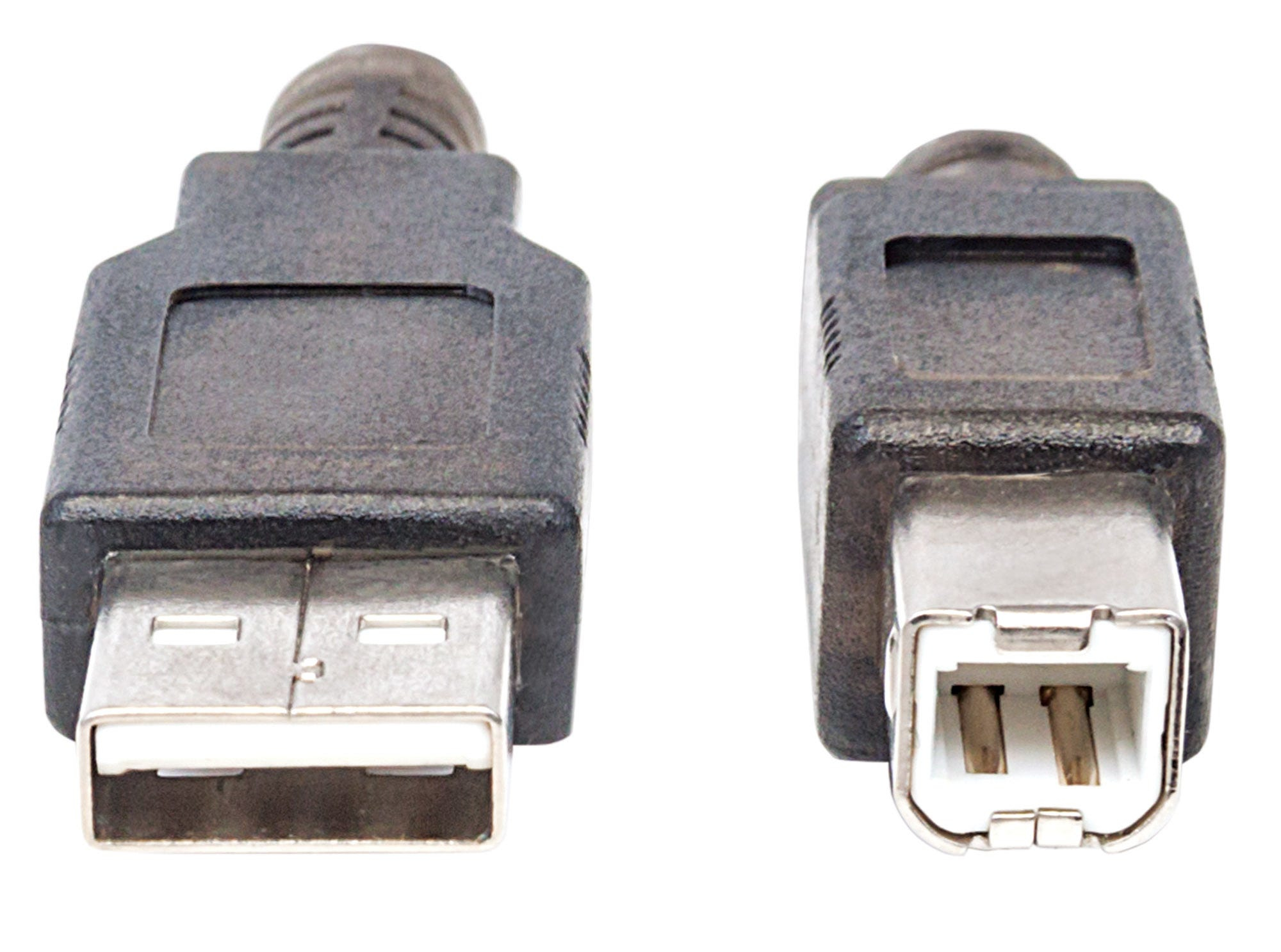 Due connettori USB-A, uno maschio e uno femmina. Entrambi neri e mostrati su sfondo bianco.