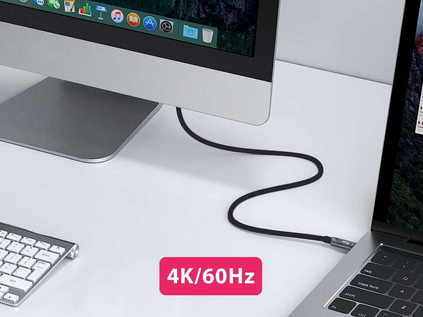 Cavo nero che collega un monitor a un laptop, con testo 4K/60Hz sovrapposto all'immagine.