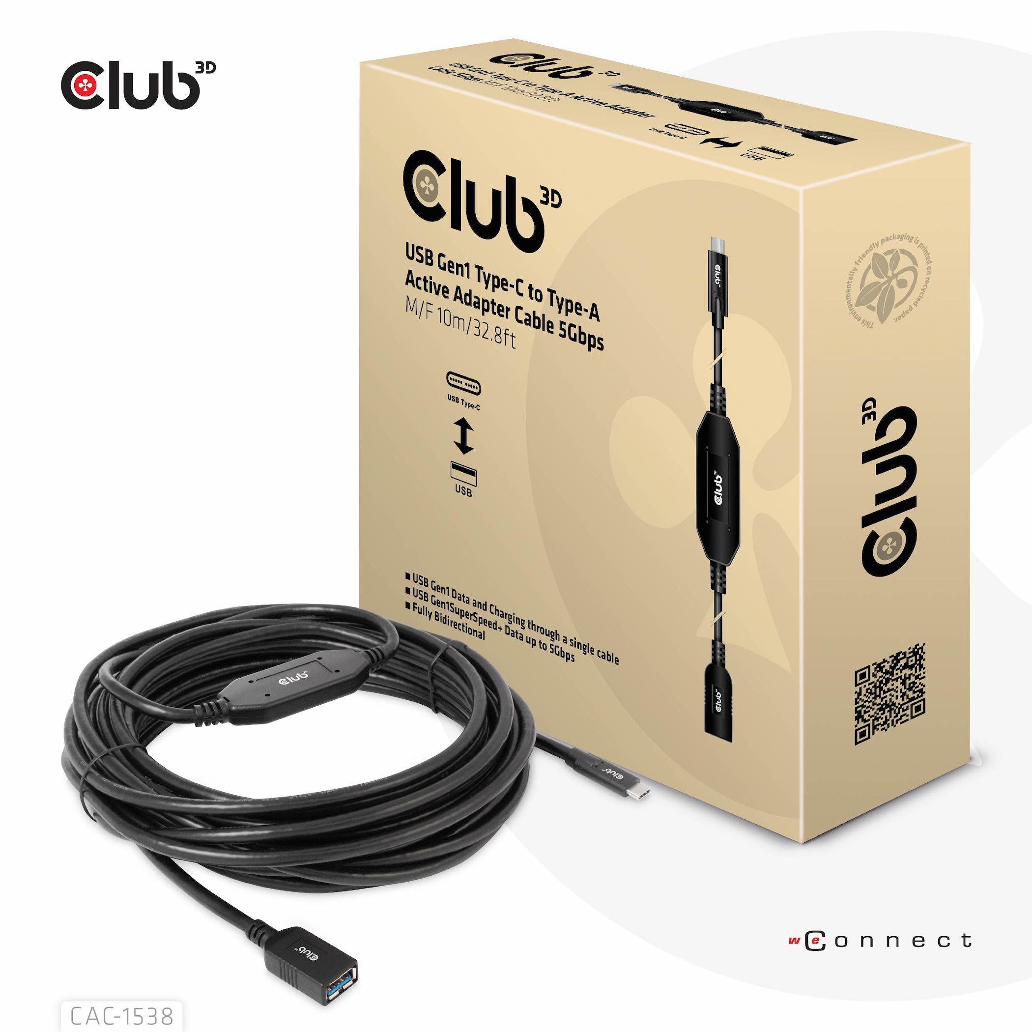 Zwarte USB-kabel met mannelijke USB Type-C en vrouwelijke USB-A connectoren. Een productdoos staat rechts.