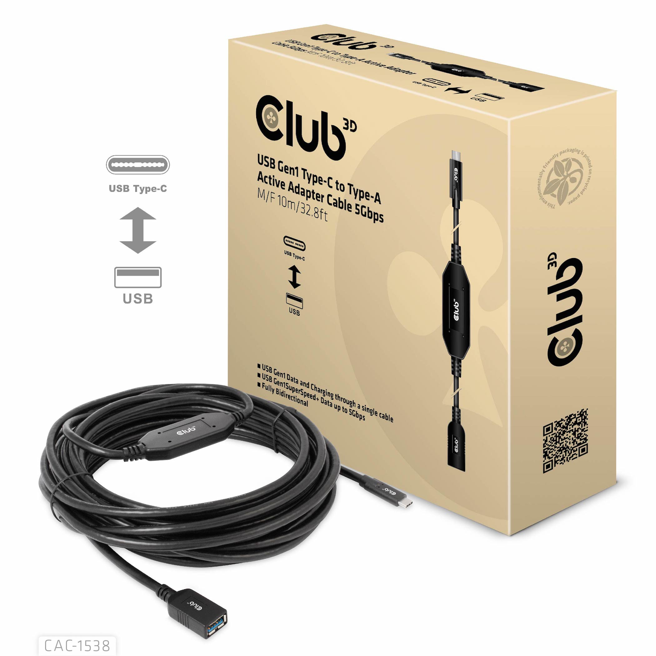 Zwarte USB-kabel, met een doos met dezelfde kabel en een diagram. Witte achtergrond.