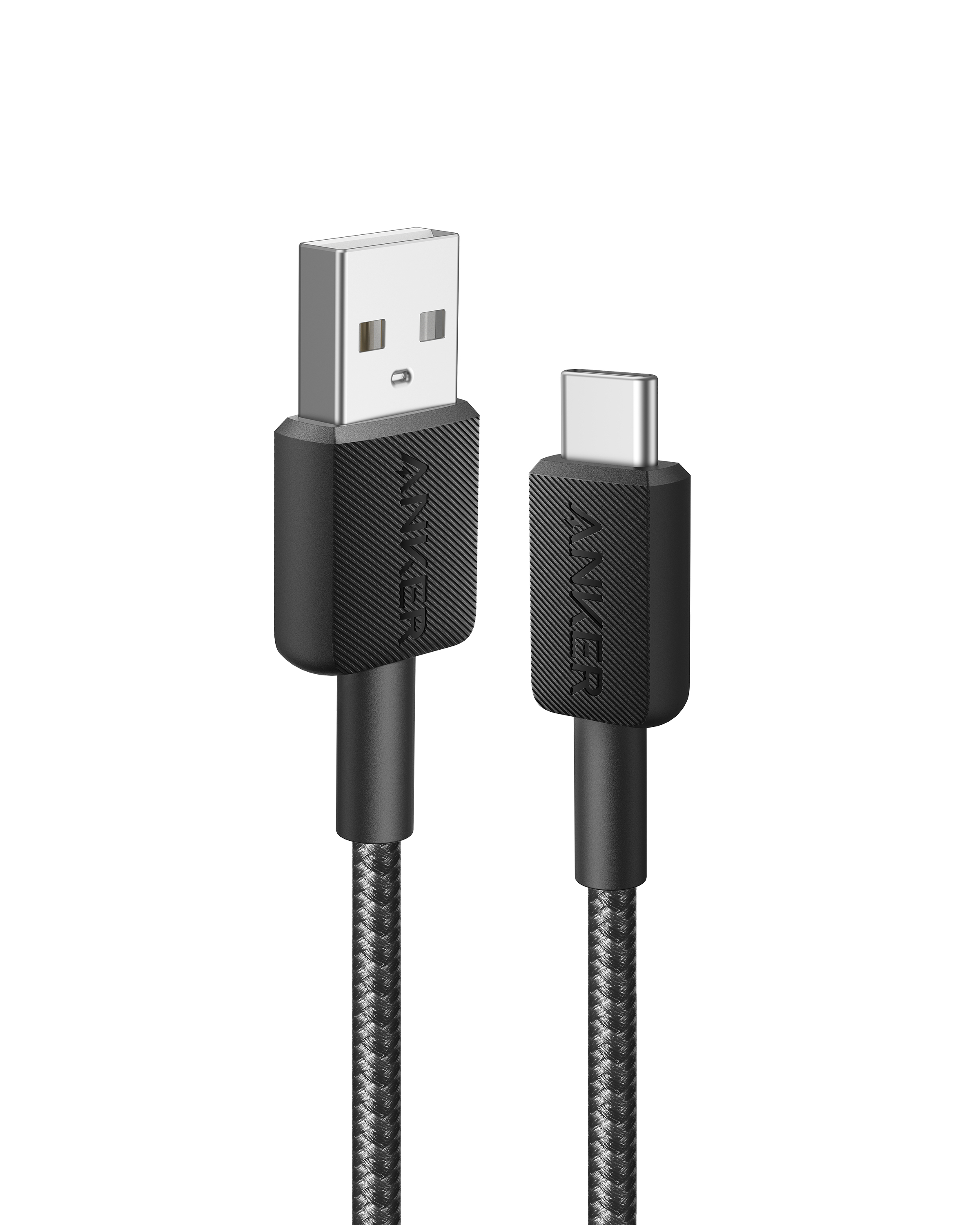 Câble USB vers USB-C noir. Le câble a une texture tressée.