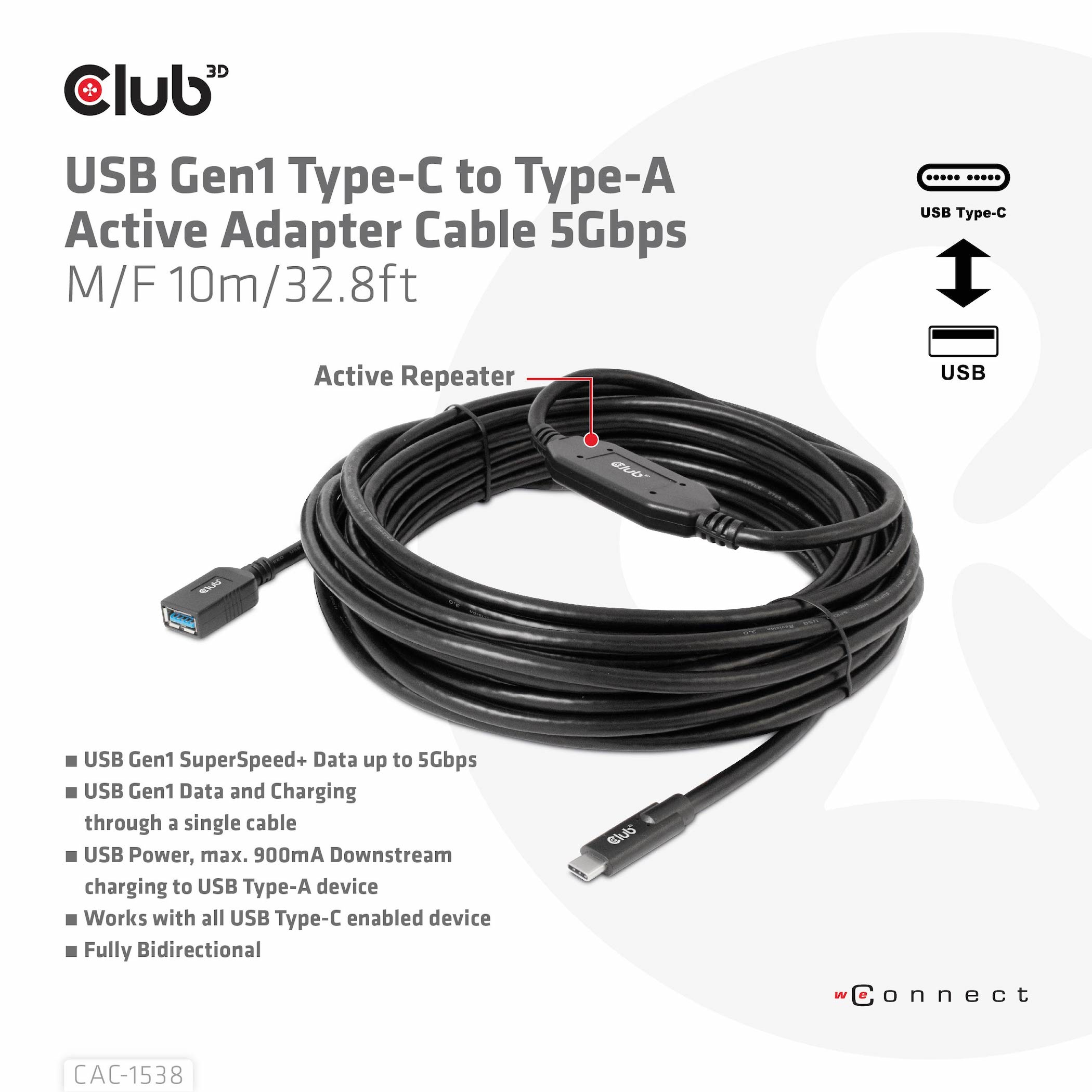 Zwarte USB-kabel, opgerold, met tekst die gegevensoverdracht, opladen en bidirectioneel gebruik beschrijft.