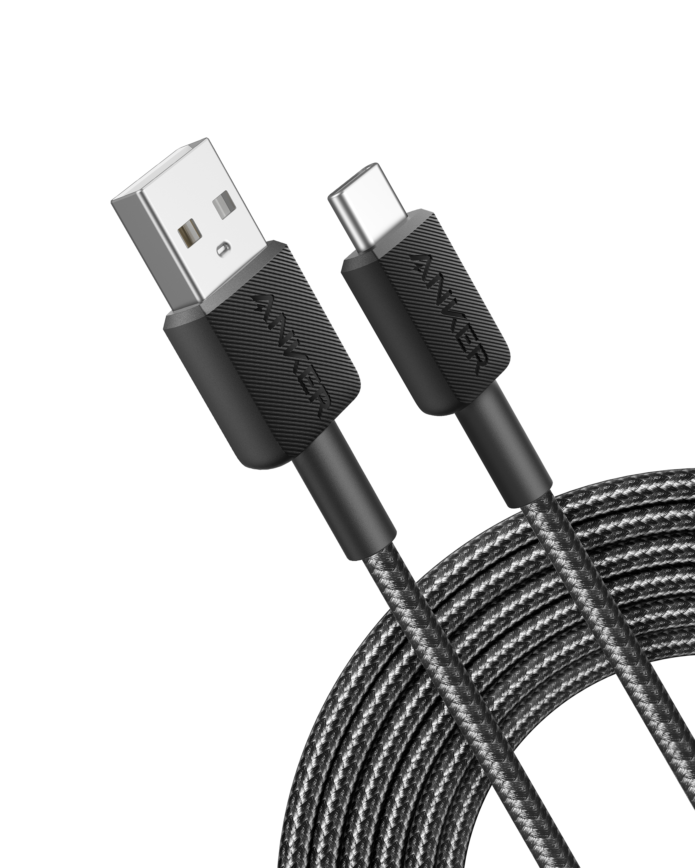 Câble USB-A vers USB-C tressé noir et gris avec logo 'ANKER'. Fond blanc.