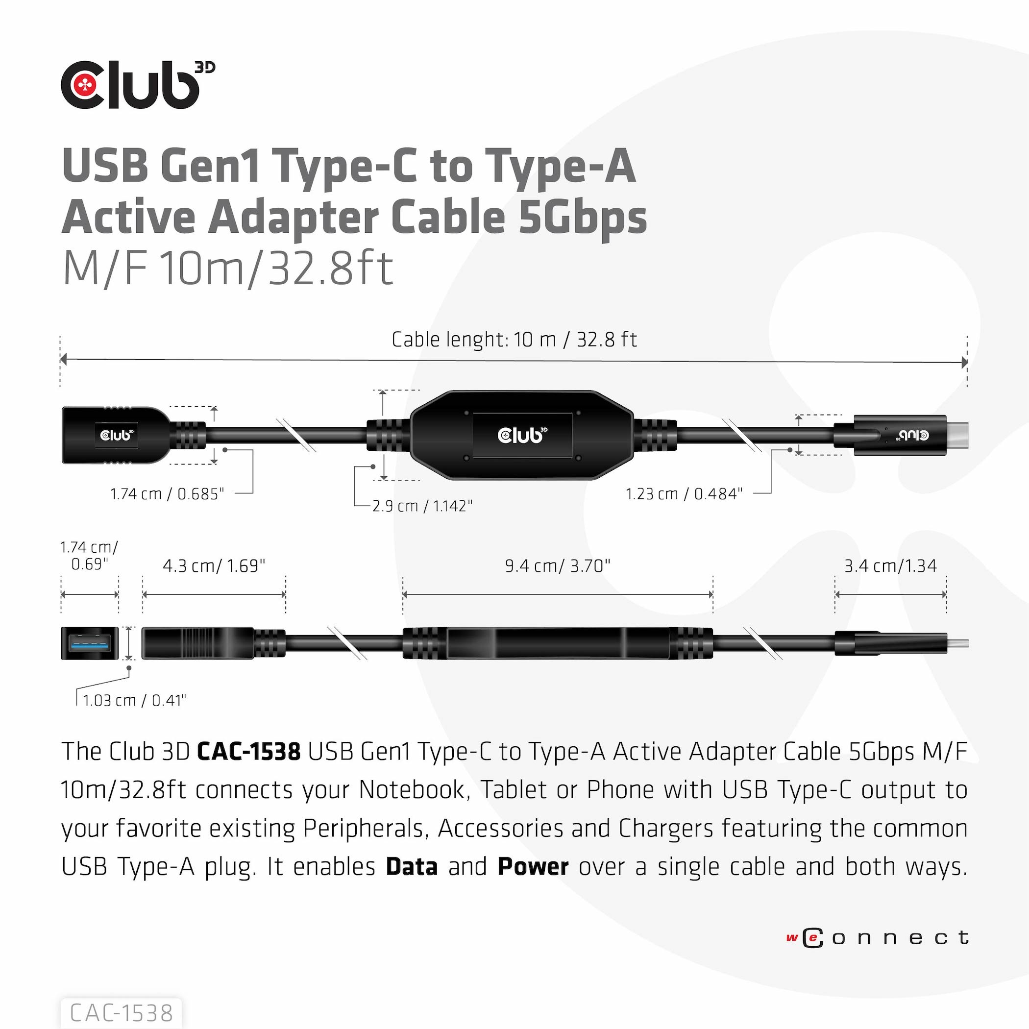 Zwarte USB-kabel met een doos. De doos heeft kabelschema's en het Club 3D-logo.