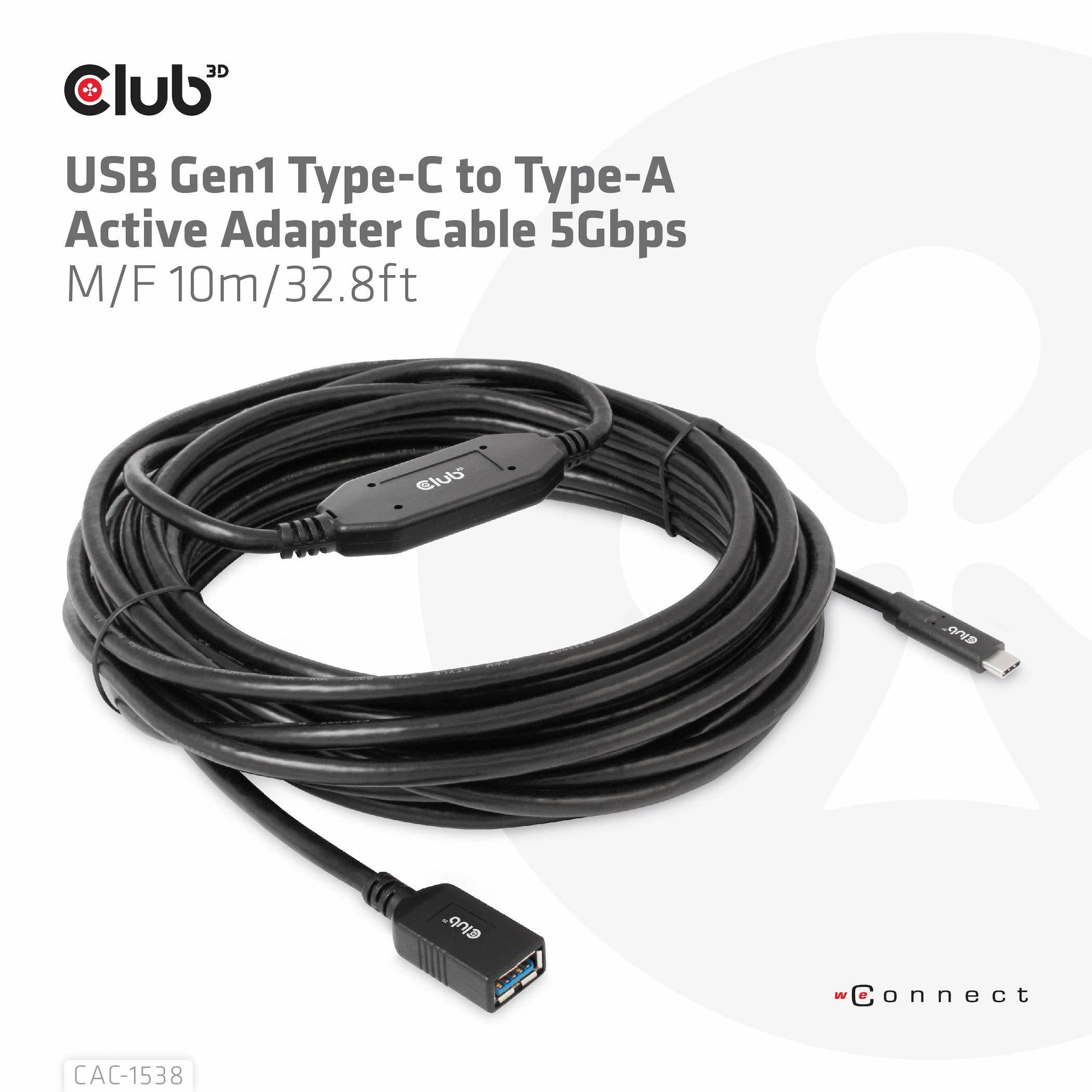 USB-kabel met Club 3D-logo, opgerold. USB-C naar USB-A actieve adapterkabel.