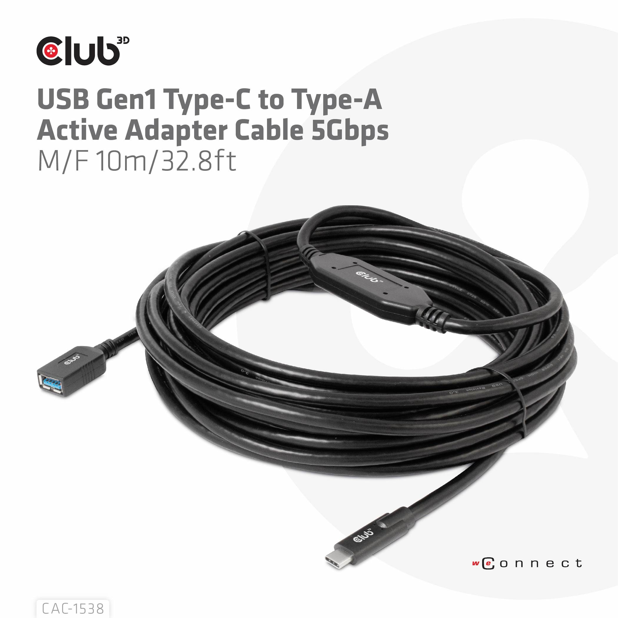 Zwarte USB Gen1-kabel opgerold, met USB-A en Type-C connectoren, op witte achtergrond.