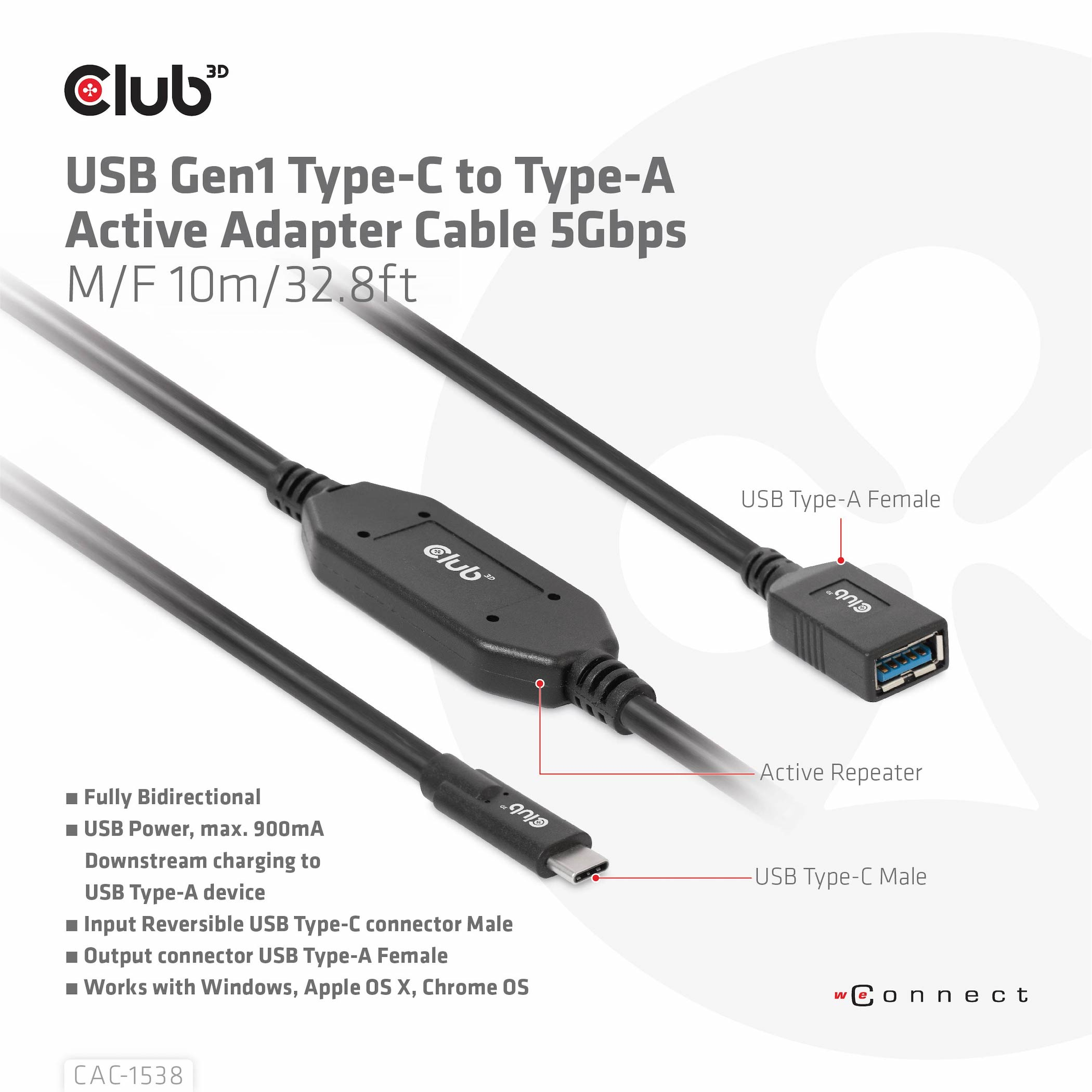 Zwarte USB-C naar Type-A adapterkabel met gemarkeerde connectoren. De kabel is zwart.