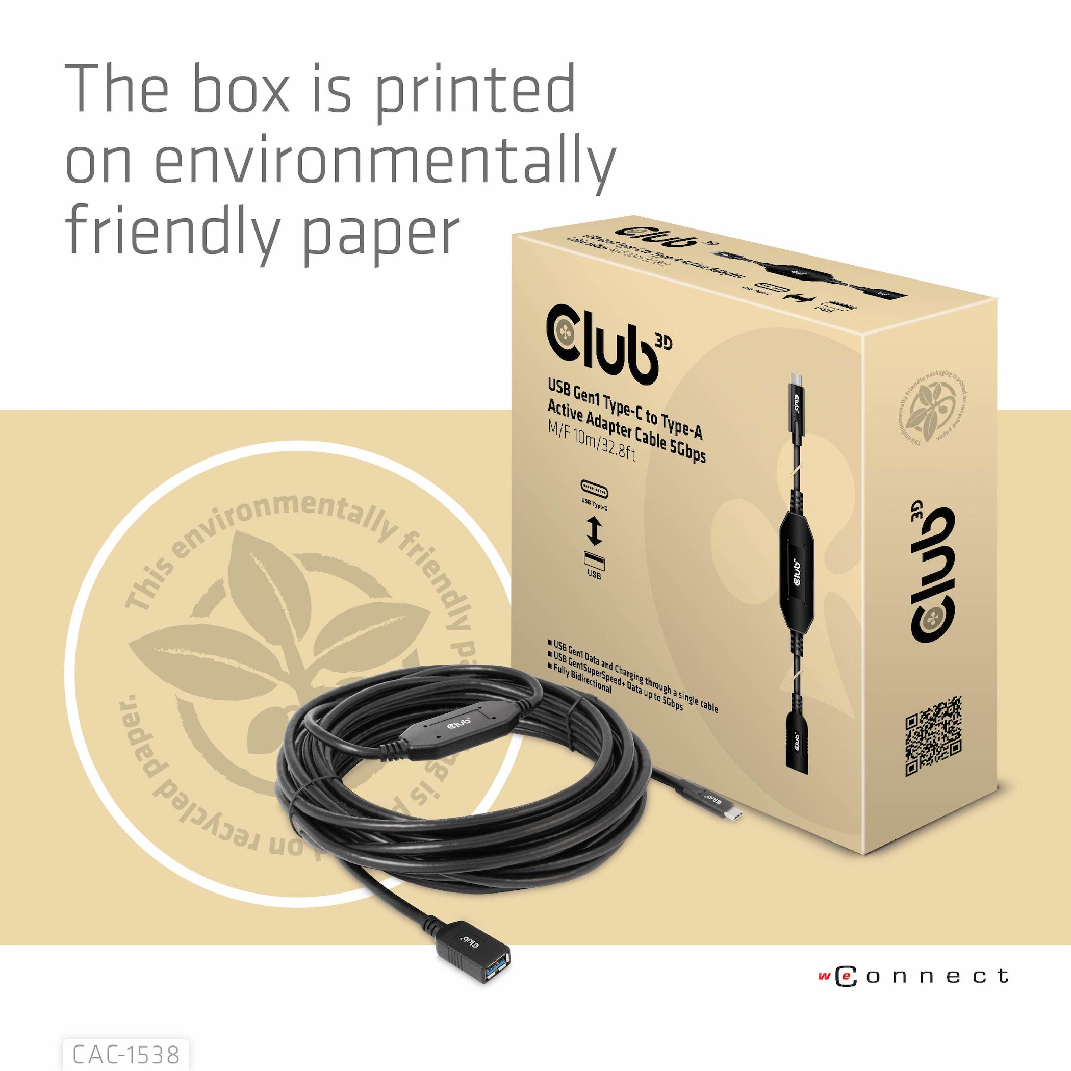 Productdoos met USB-kabel en tekst. Doos zegt 'milieuvriendelijk papier'.