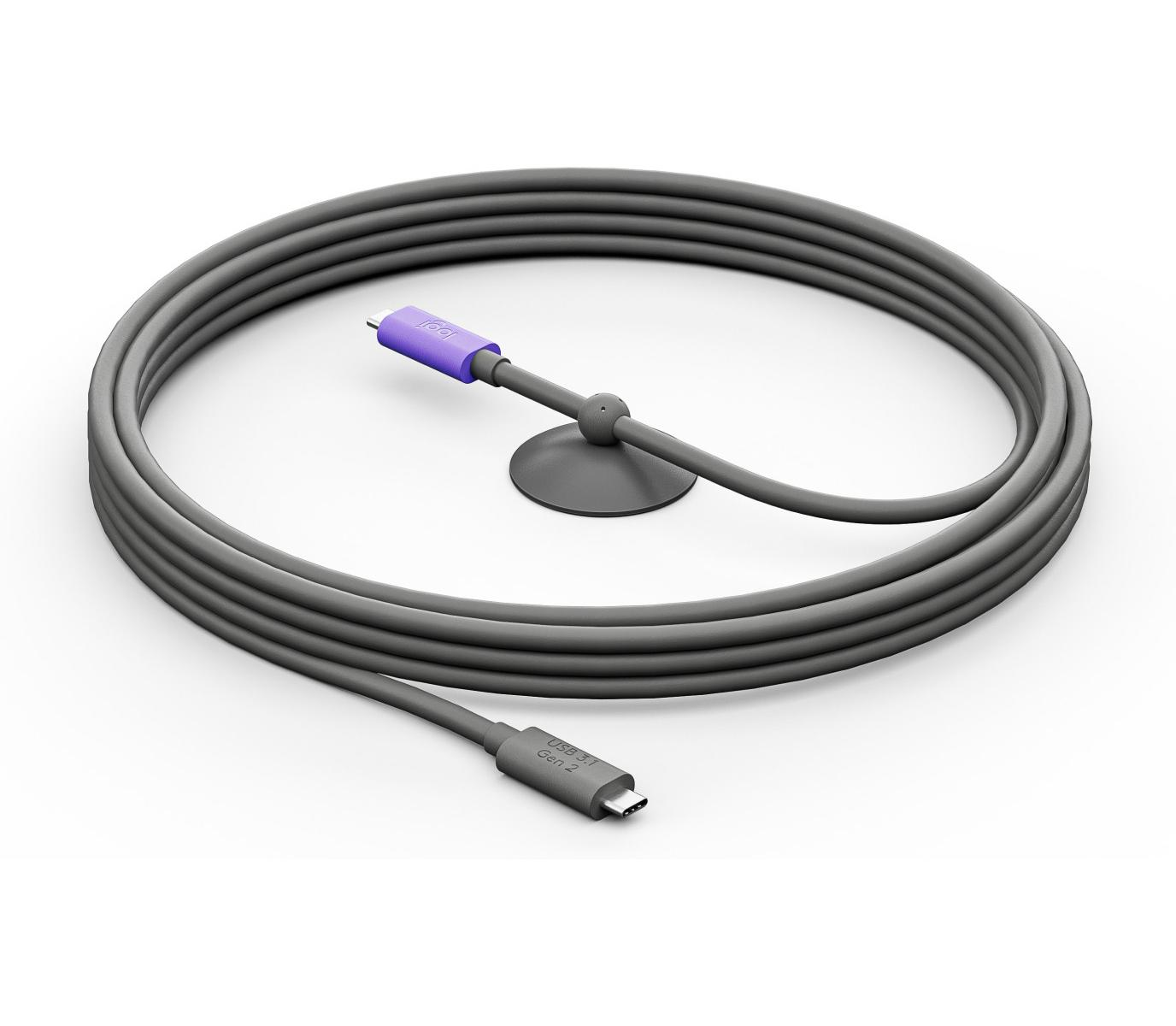 Cavo USB-C grigio arrotolato con estremità viola e supporto su sfondo bianco.