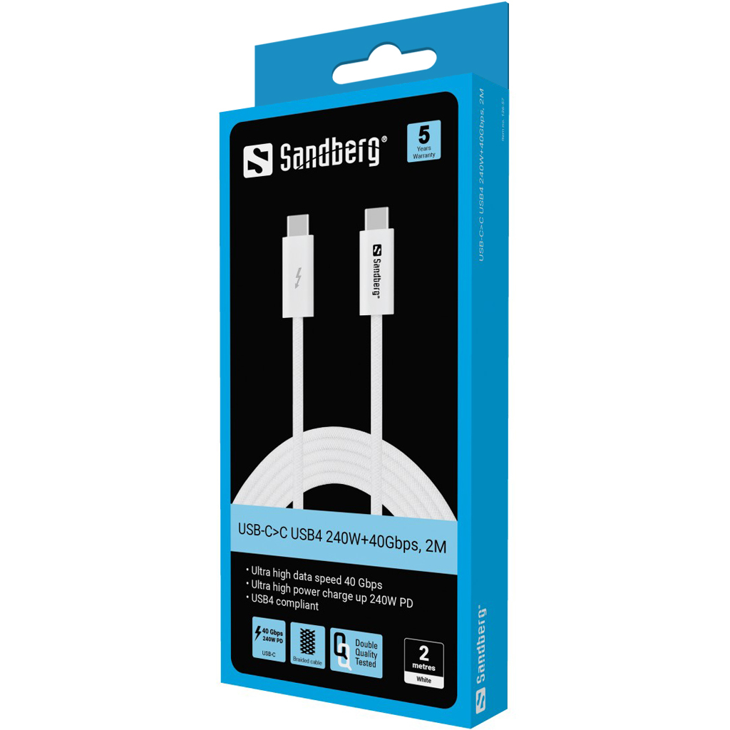 Witte USB-C kabel in blauwe doos. Sandberg logo en productdetails zijn zichtbaar.