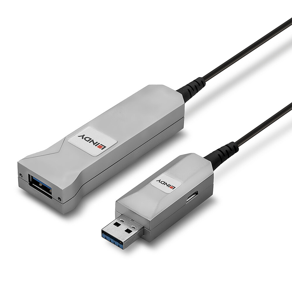 Cable de extensión USB LINDY, conectores grises, cable negro, con conector USB.