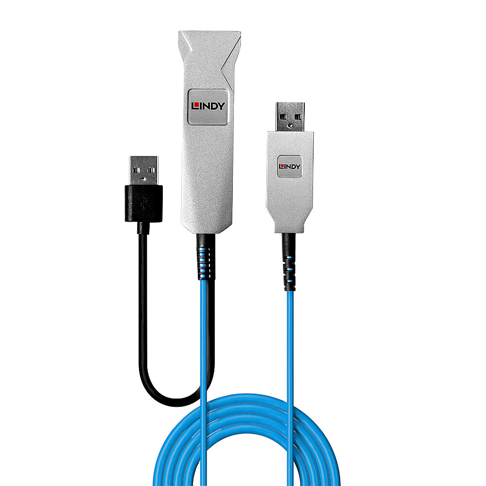 Cavi USB e USB-C con marchio LINDY. Cavo blu. Sfondo bianco.