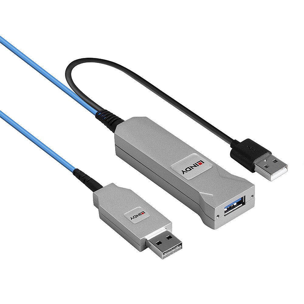 Adattatore argentato con estremità USB-A e USB-C. Cavi blu e neri li collegano.