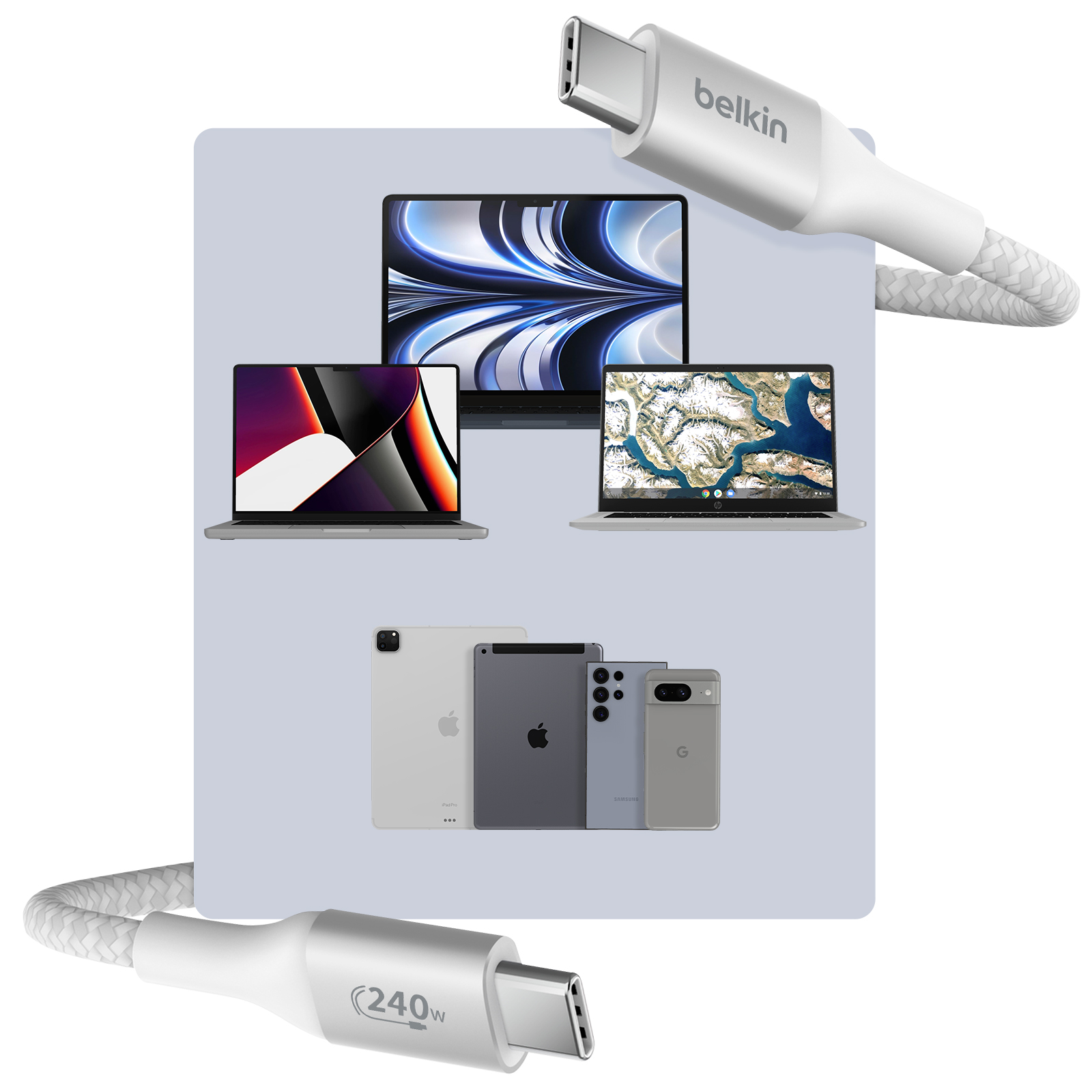 Diversi laptop e tablet con un cavo Belkin bianco con un connettore USB-C su ciascuna estremità.