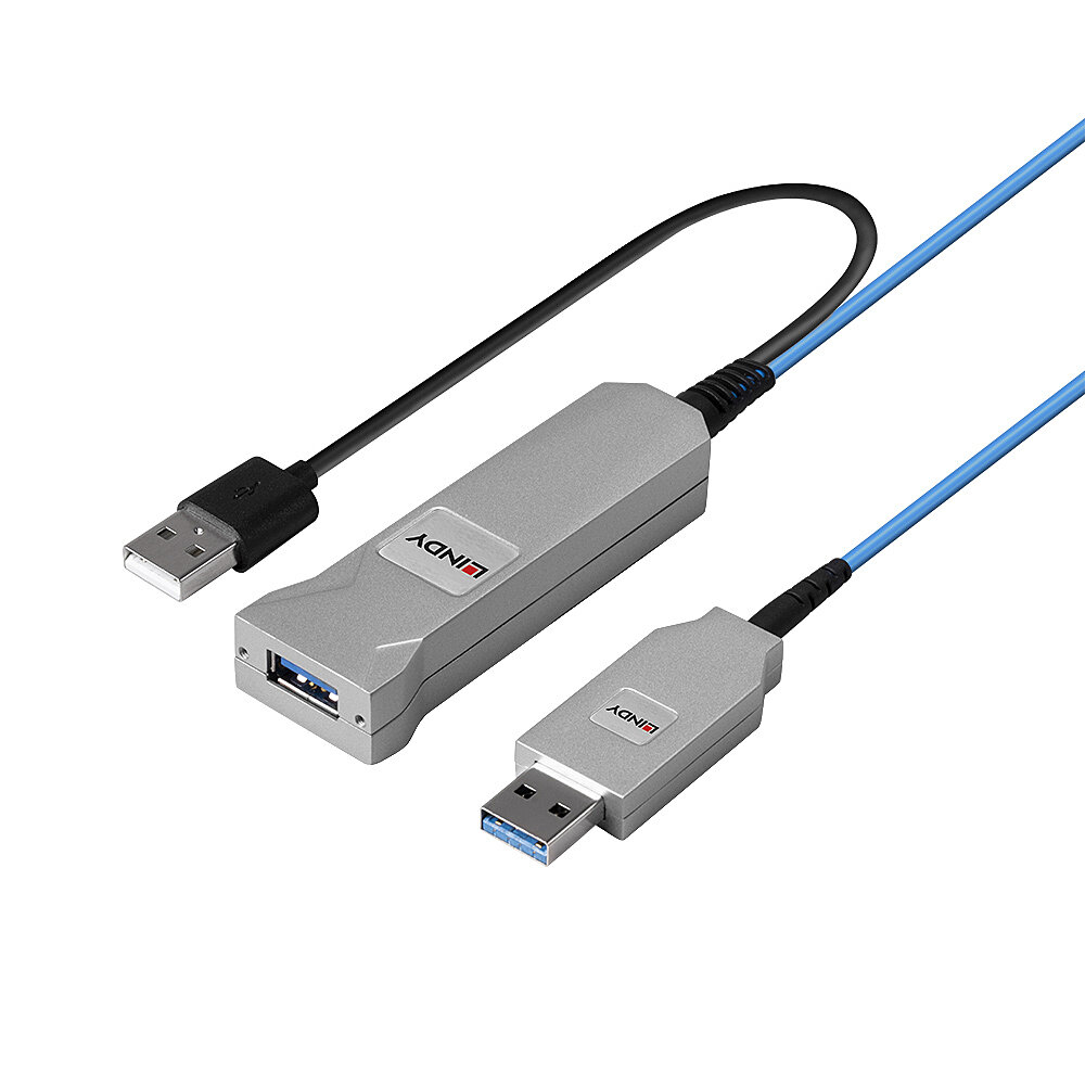 Cavo USB con connettore argentato e sezione di cavo blu, su sfondo bianco.