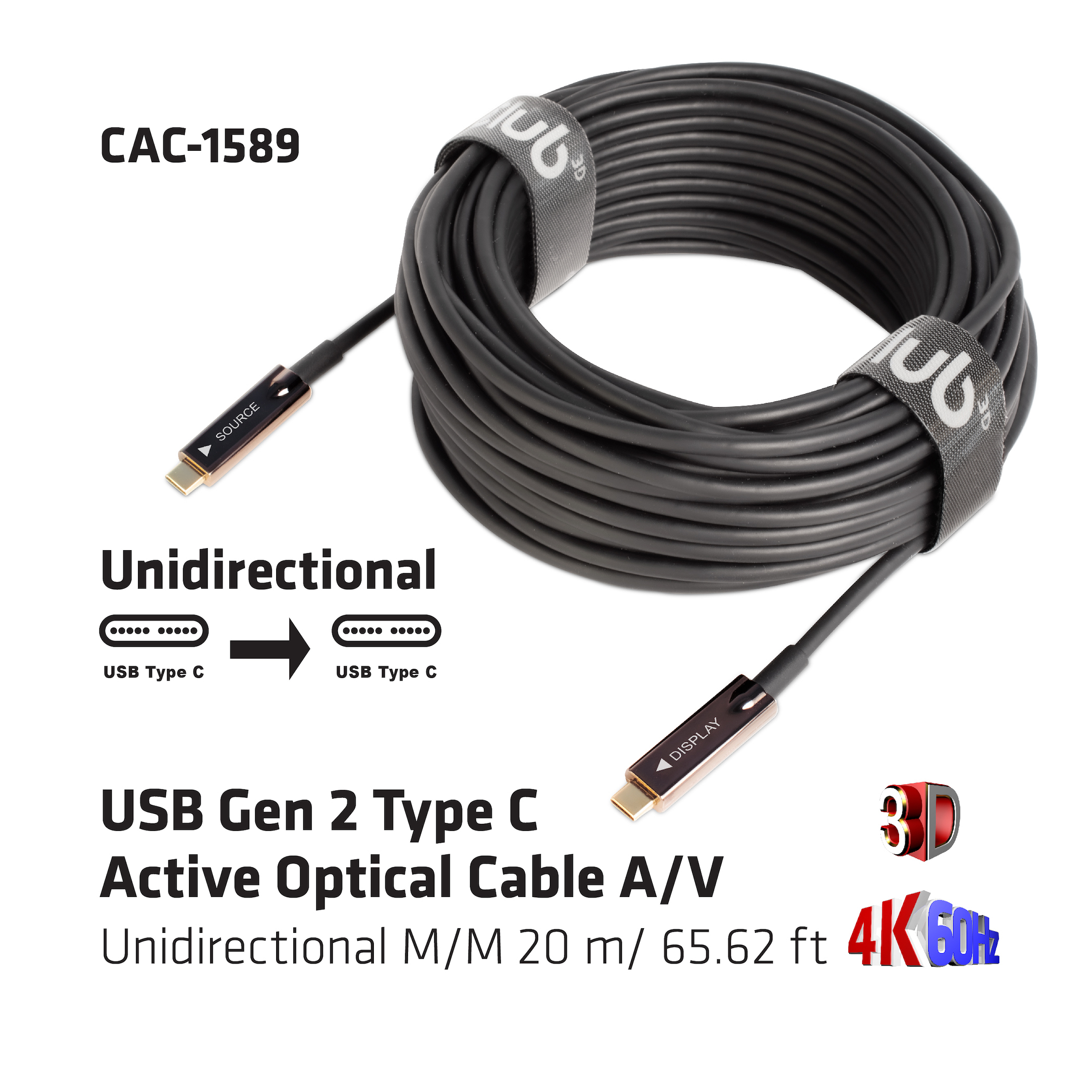 Cavo ottico attivo Club 3D USB Gen 2 Tipo C. Cavo nero, arrotolato con connettori USB-C.